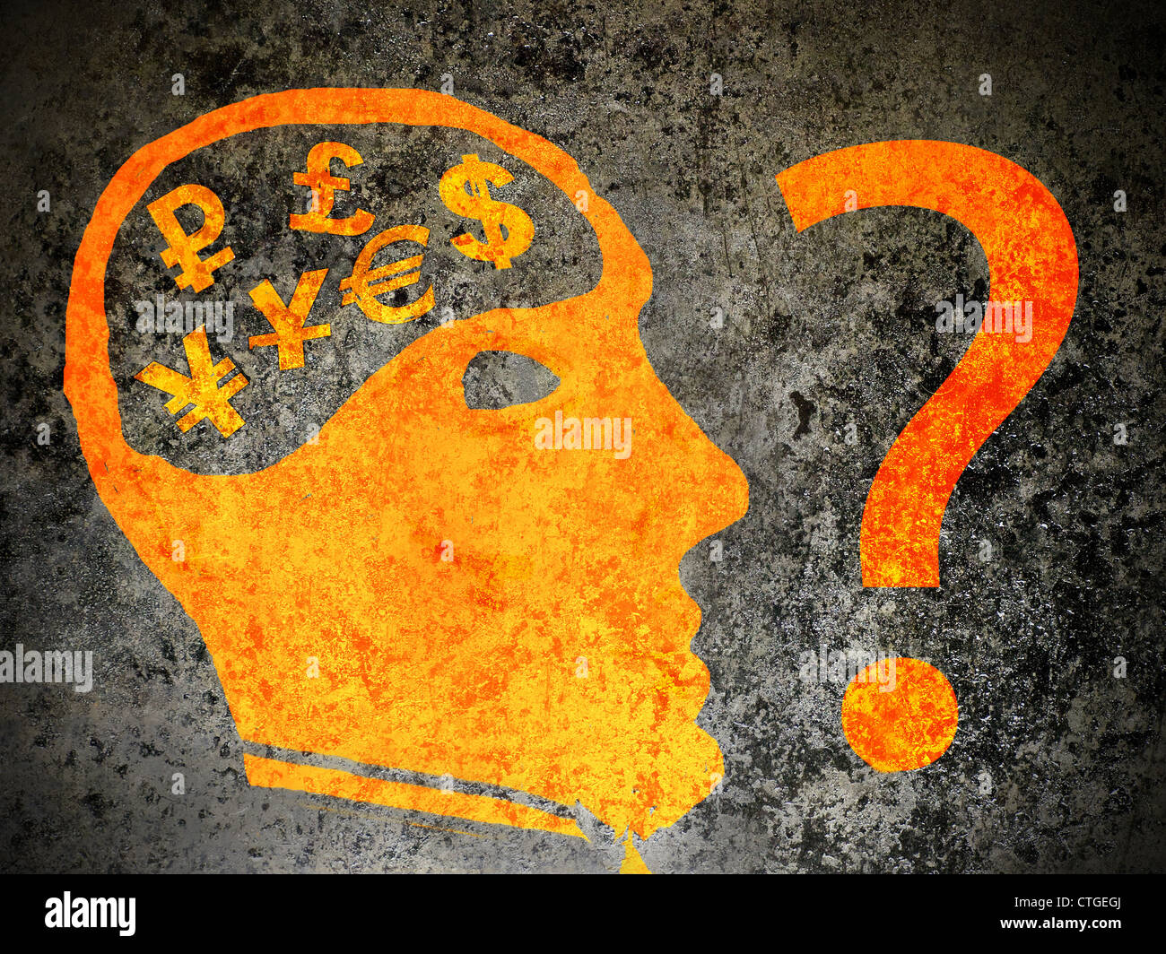 Economia concetto confusione di arancione e nero illustrazione Foto Stock