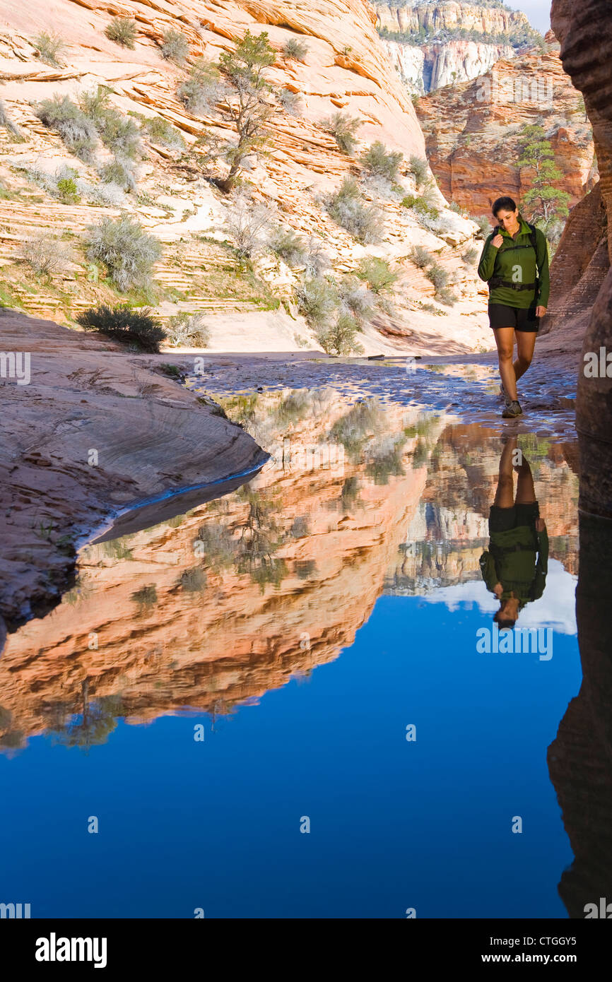Il persiano donna in piedi vicino alla piscina in canyon Foto Stock