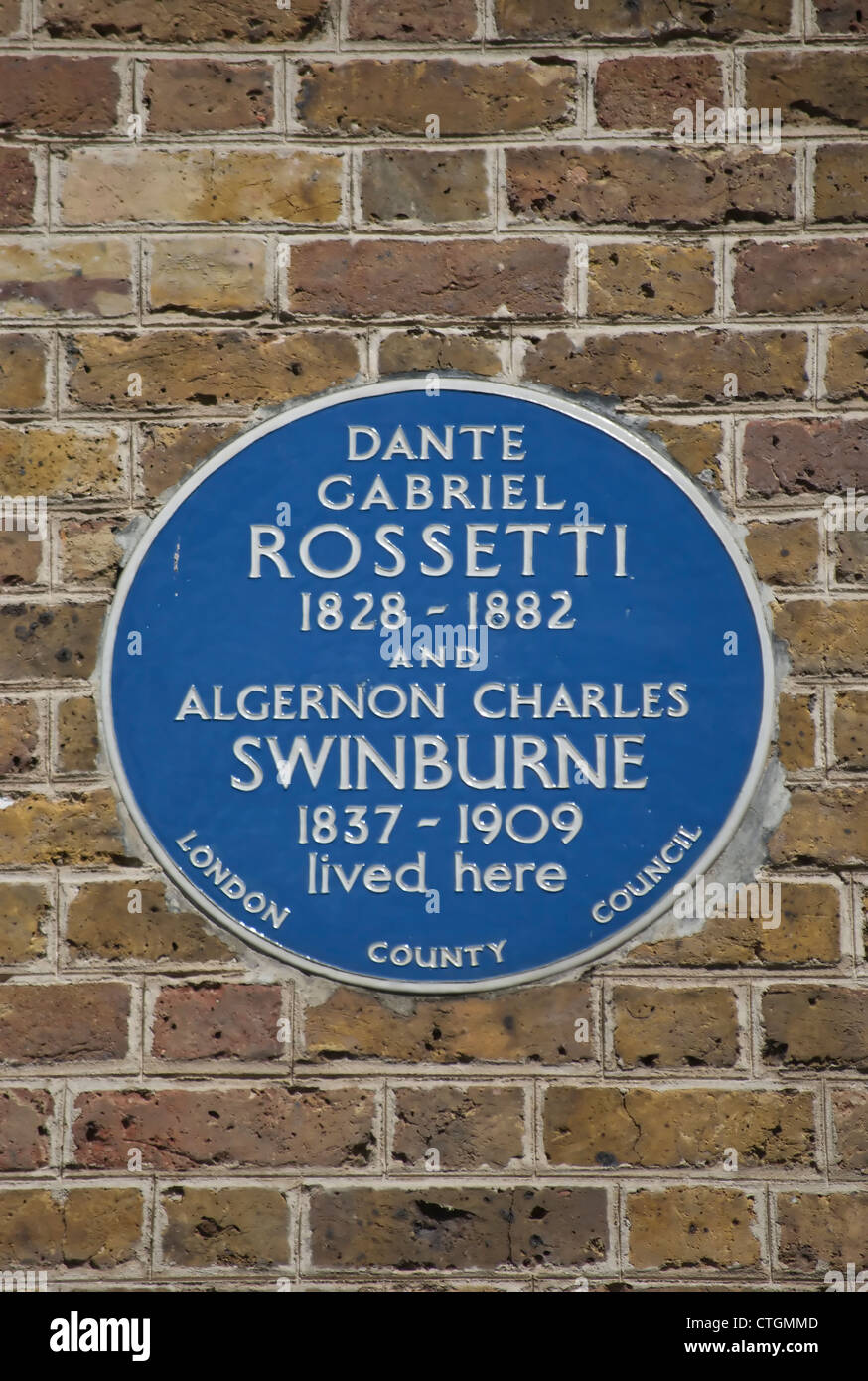 Targa blu segna il cammino cheyne casa di Dante Gabriel Rossetti e Algernon Charles Swinburne, a Chelsea, Londra, Inghilterra Foto Stock