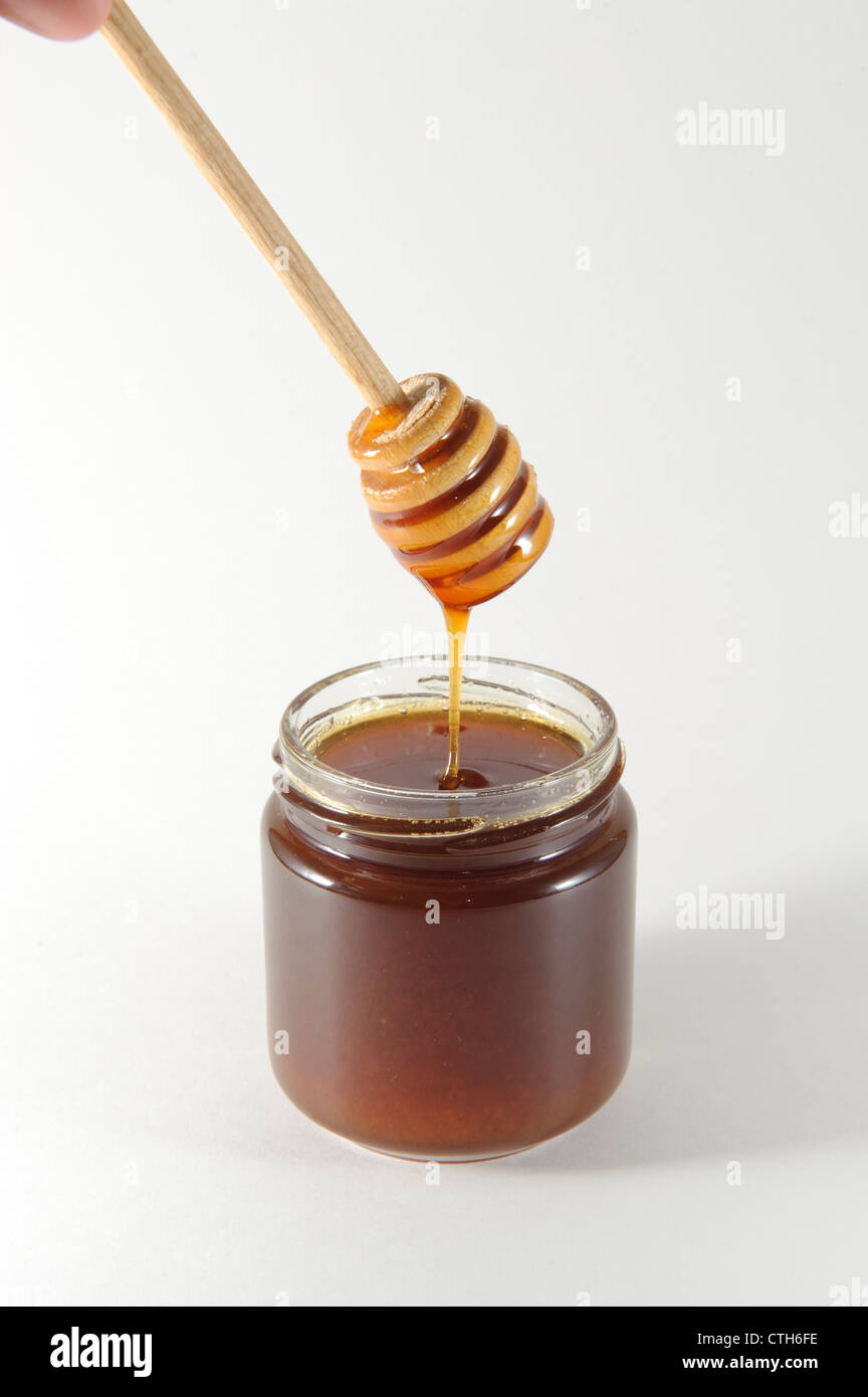 Miele di gocciolamento del bilanciere takano cuore wamitsu miele in barattolo, Tokyo, Giappone Foto Stock
