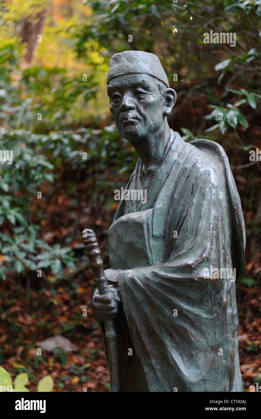 Statua del poeta haiku Matsuo Basho, Hiraizumi, nella prefettura di Iwate, Giappone Foto Stock