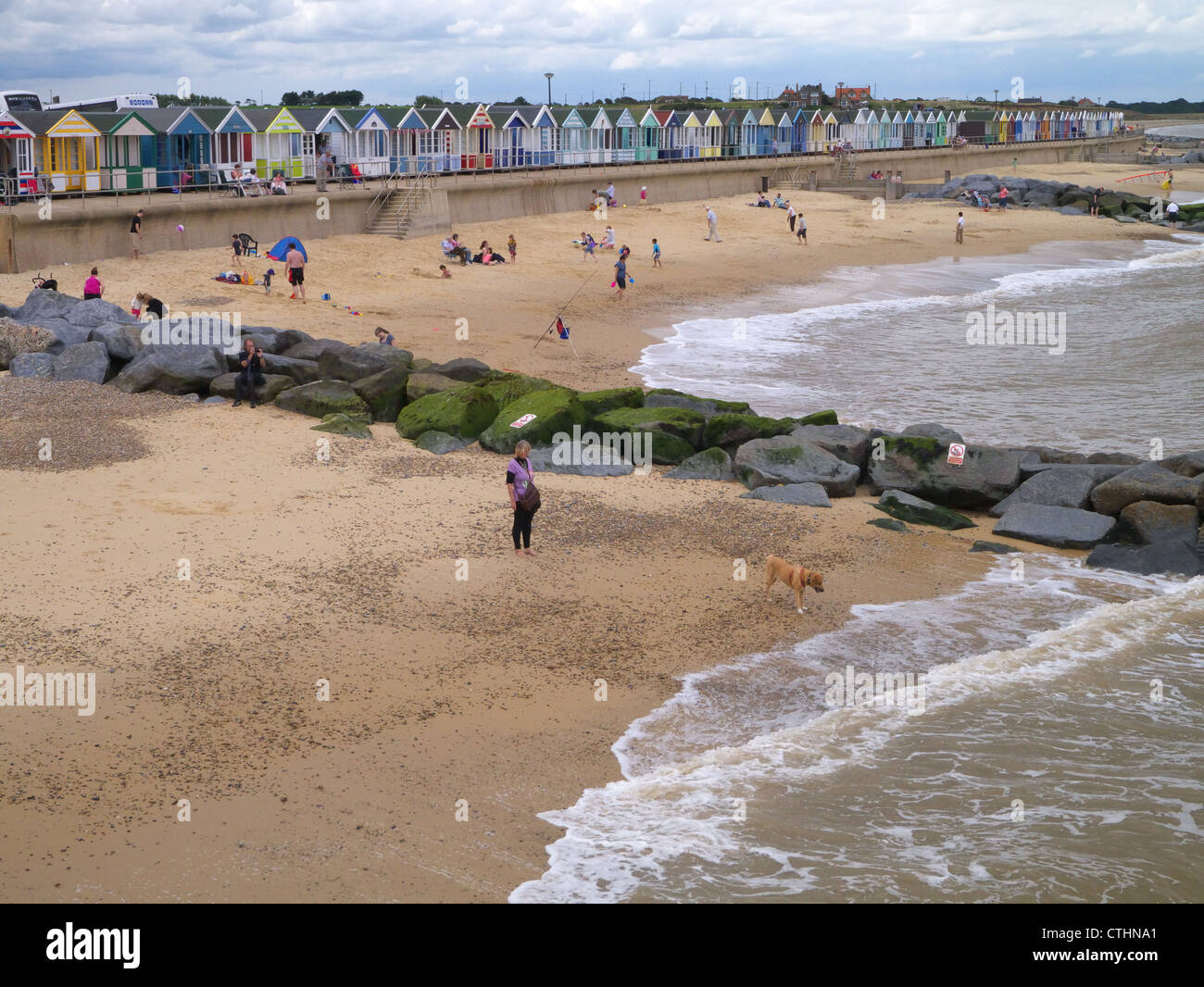 Spiaggia a Southwold, Suffolk. Cabine sulla spiaggia, di fronte al mare con la donna a piedi un cane in primo piano Foto Stock