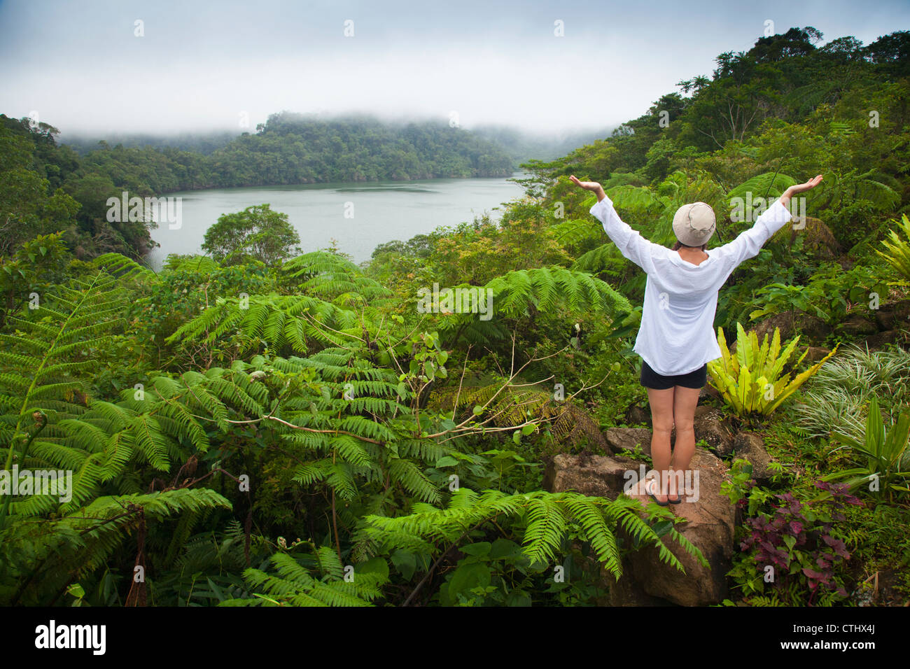 Un turista femminile si erge tra piante tropicali che crescono intorno ai Laghi Gemelli di Twin Lakes National Park; Isola di Negros Foto Stock