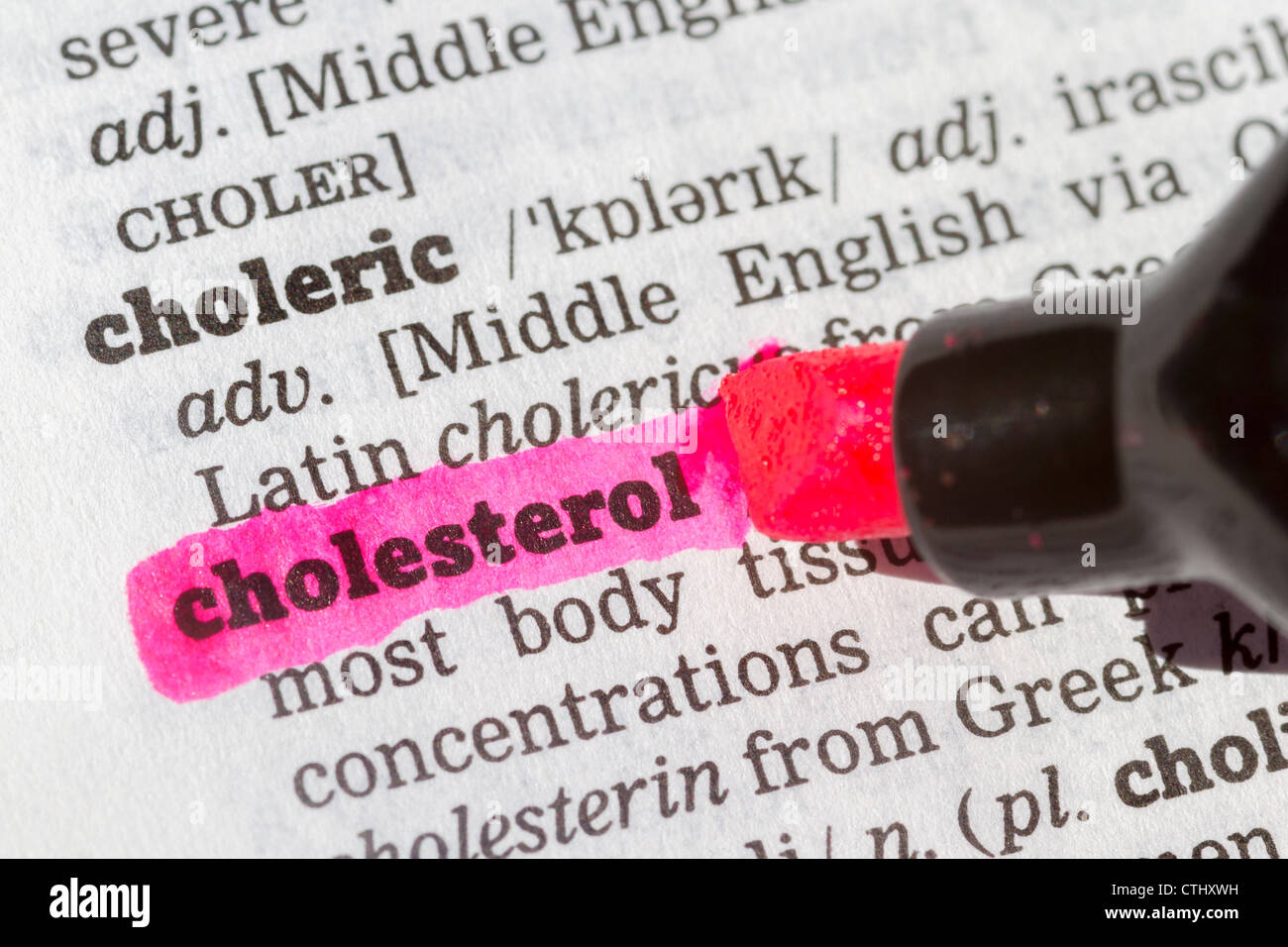 Colesterolo evidenziata nel dizionario con penna closeup Foto Stock