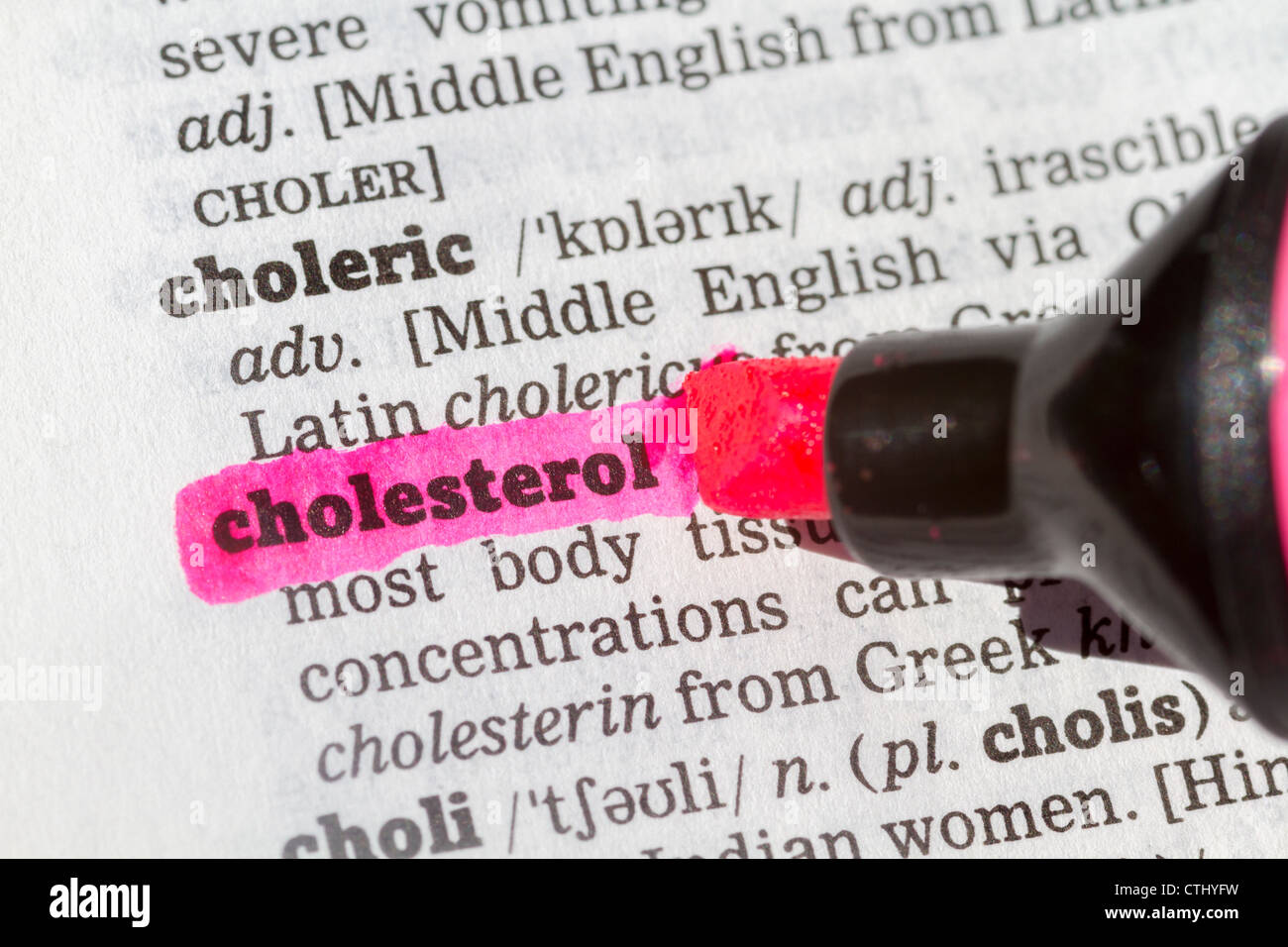 Colesterolo evidenziata nel dizionario con penna closeup Foto Stock