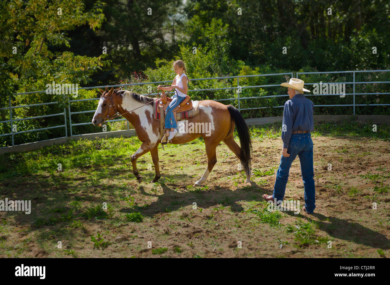 Ragazza giovane imparare a guidare un cavallo in un recinto per bestiame; Edmonton, Alberta, Canada Foto Stock