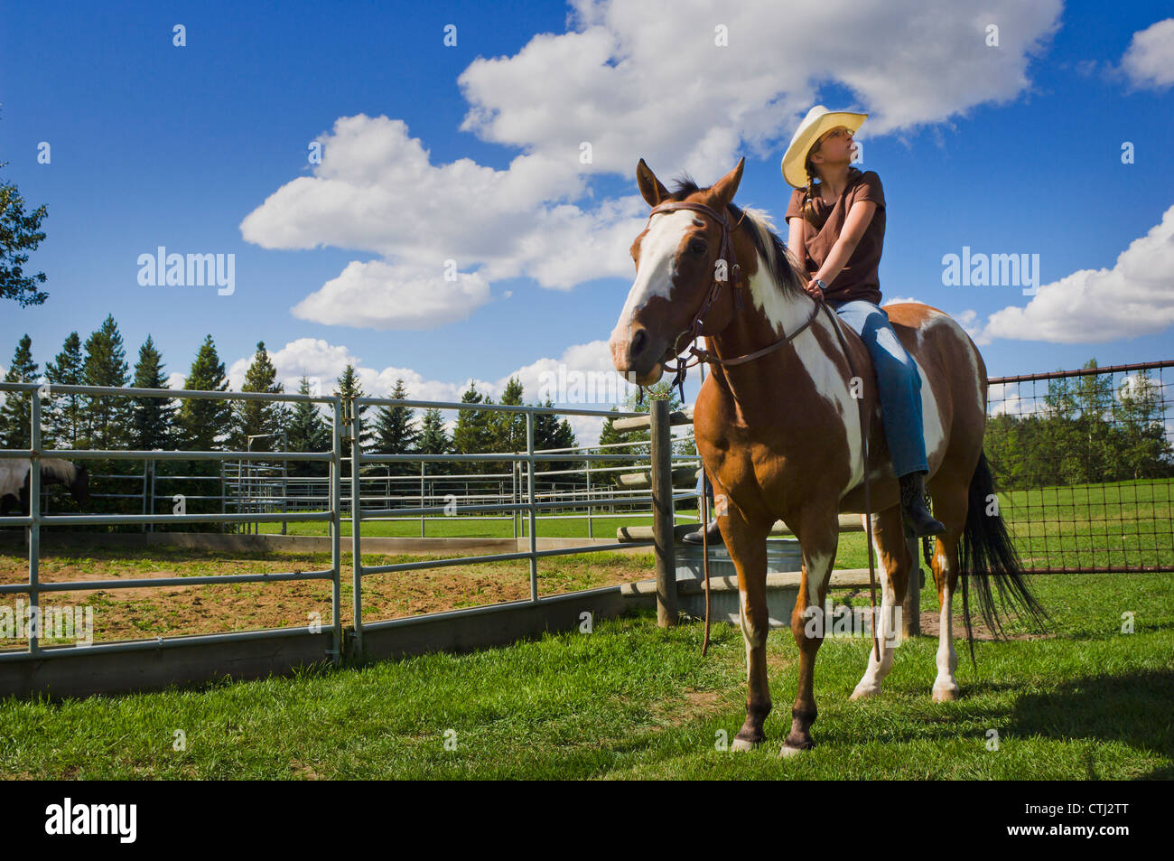 Giovani Cowgirl Seduta sul suo cavallo; Edmonton, Alberta, Canada Foto Stock