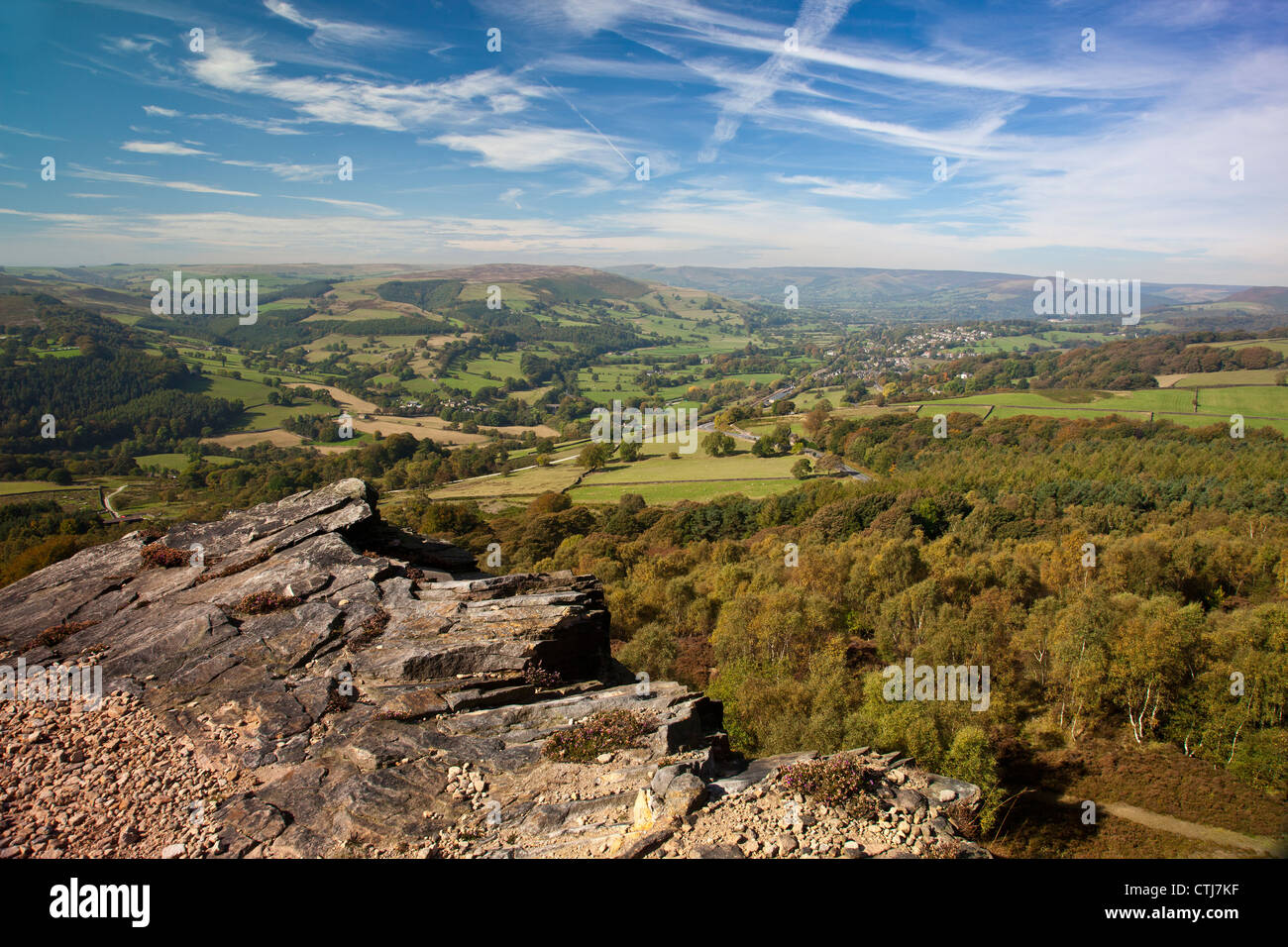 Guardando ad ovest lungo la valle di speranza dal bordo di macina nel Parco Nazionale di Peak District Derbyshire England Regno Unito Foto Stock