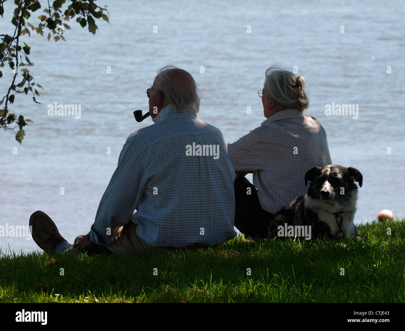 Vecchia coppia e cane seduto su una riva di un fiume, Devon, Regno Unito Foto Stock