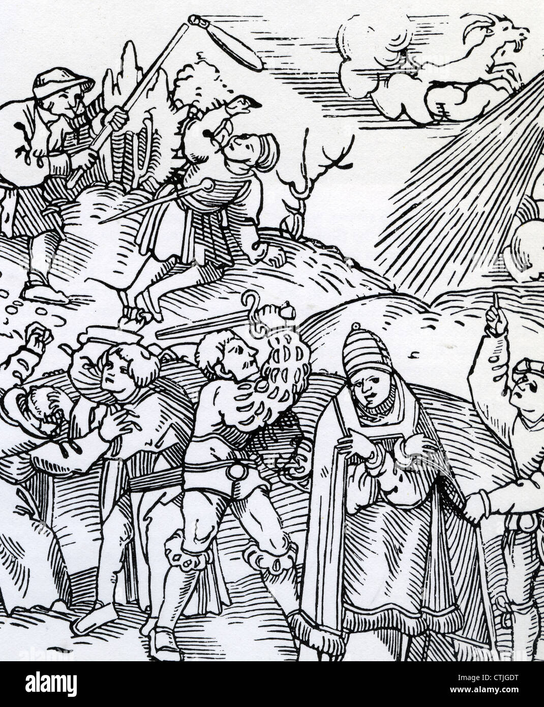 Il tedesco di contadini o di guerra rivolta 1524-1526. Xilografia contemporanea che mostra i contadini di attaccare il clero a fondo e proprietario terriero in alto Foto Stock