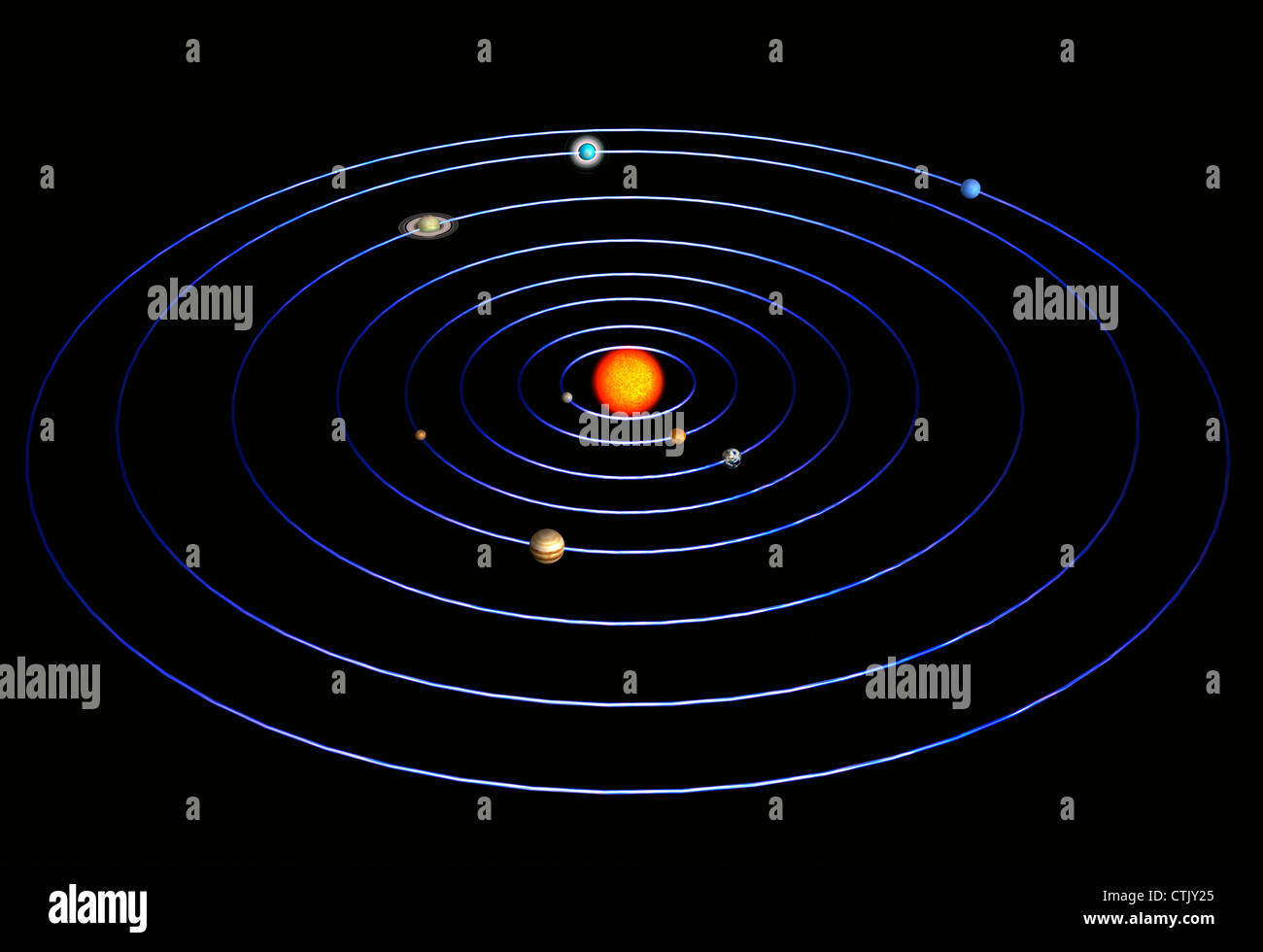 Sistema solare con il sole al centro e i pianeti Mercurio, Venere, Terra e Marte, Giove, Saturno, Urano, Nettuno (simbolico) Foto Stock