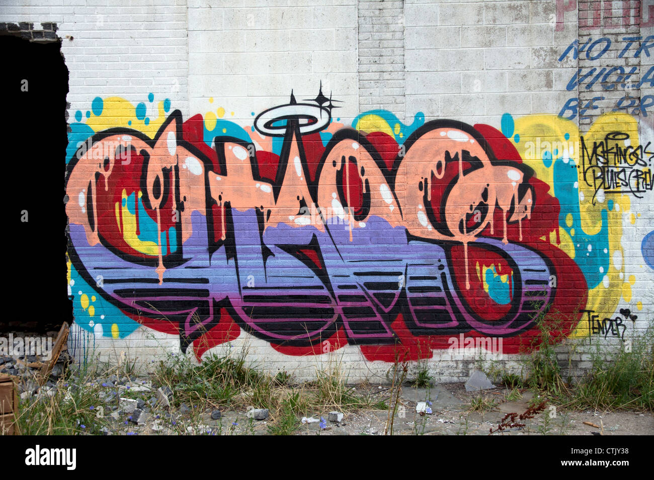 Graffiti su edificio vacante Detroit Michigan STATI UNITI Foto Stock