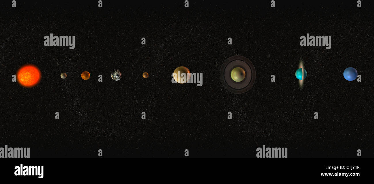 Sistema solare con il sole al centro e i pianeti Mercurio, Venere, Terra e Marte, Giove, Saturno, Urano, Nettuno (simbolico) Foto Stock
