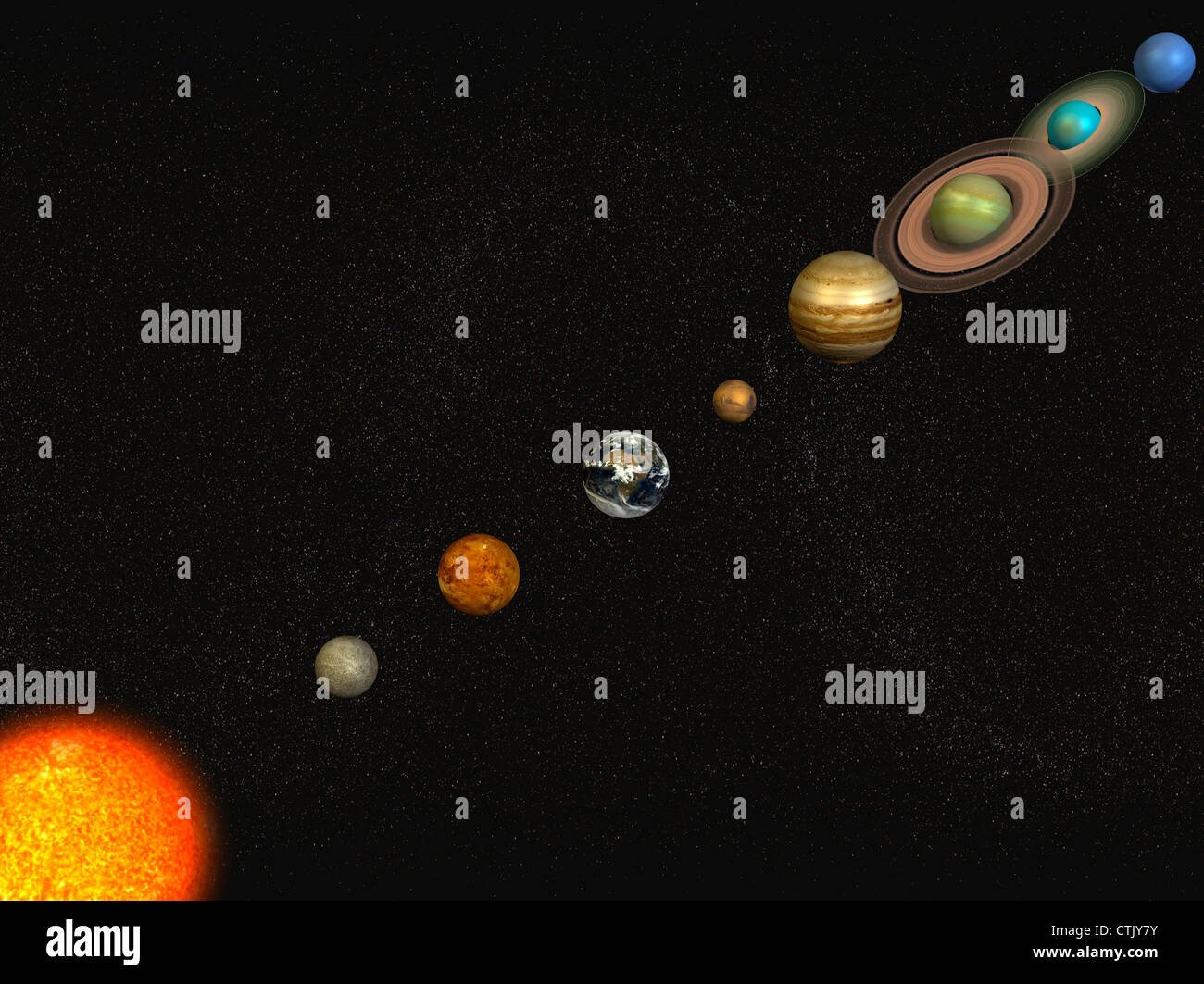 Sistema solare con il sole al centro e i pianeti Mercurio, Venere, Terra e Marte, Giove, Saturno, Urano, Nettuno (simbolico) Foto Stock