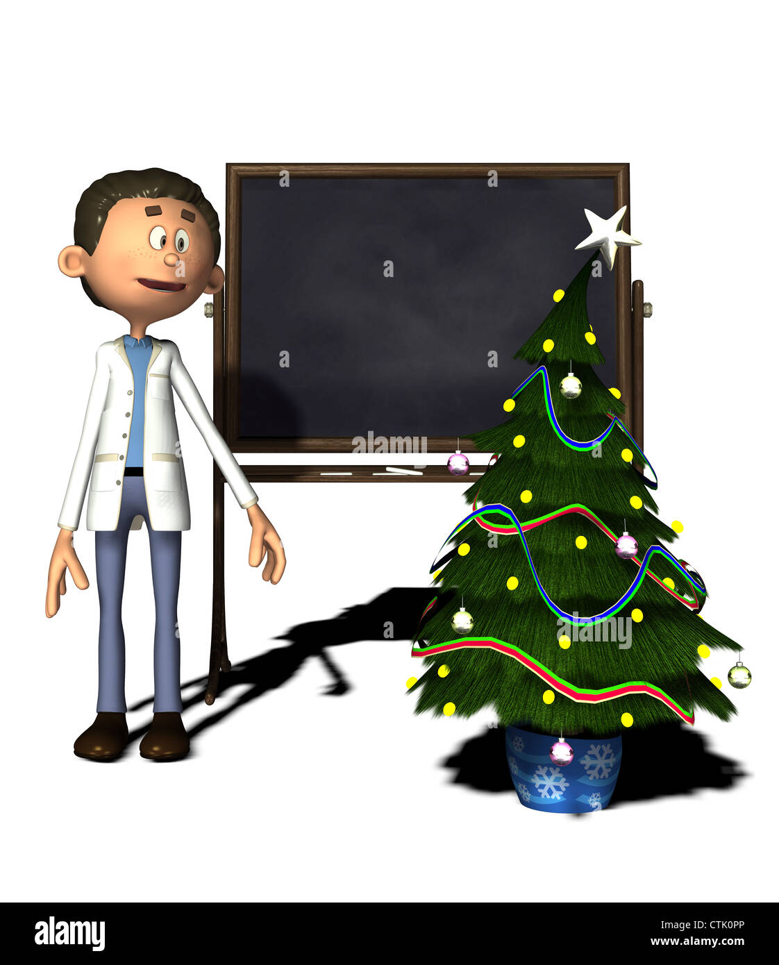 Figura del fumetto farmacia con bordo e albero di Natale Foto Stock