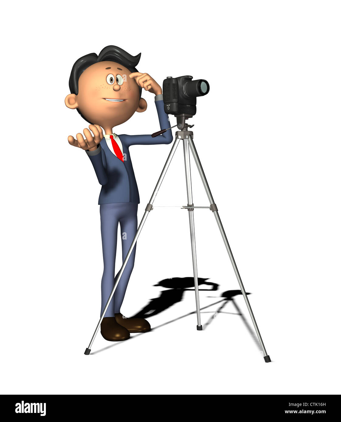 Figura del fumetto fotografo con una reflex digitale su un treppiede Foto Stock