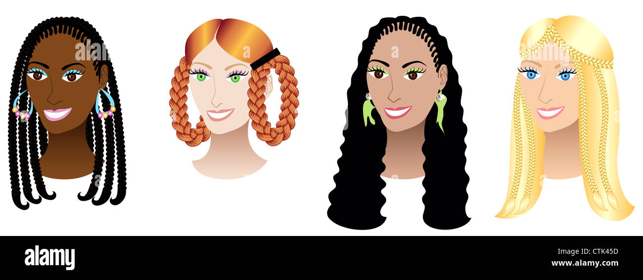 Illustrazione Vettoriale set di quattro donne con trecce trecce cornrows o. Foto Stock