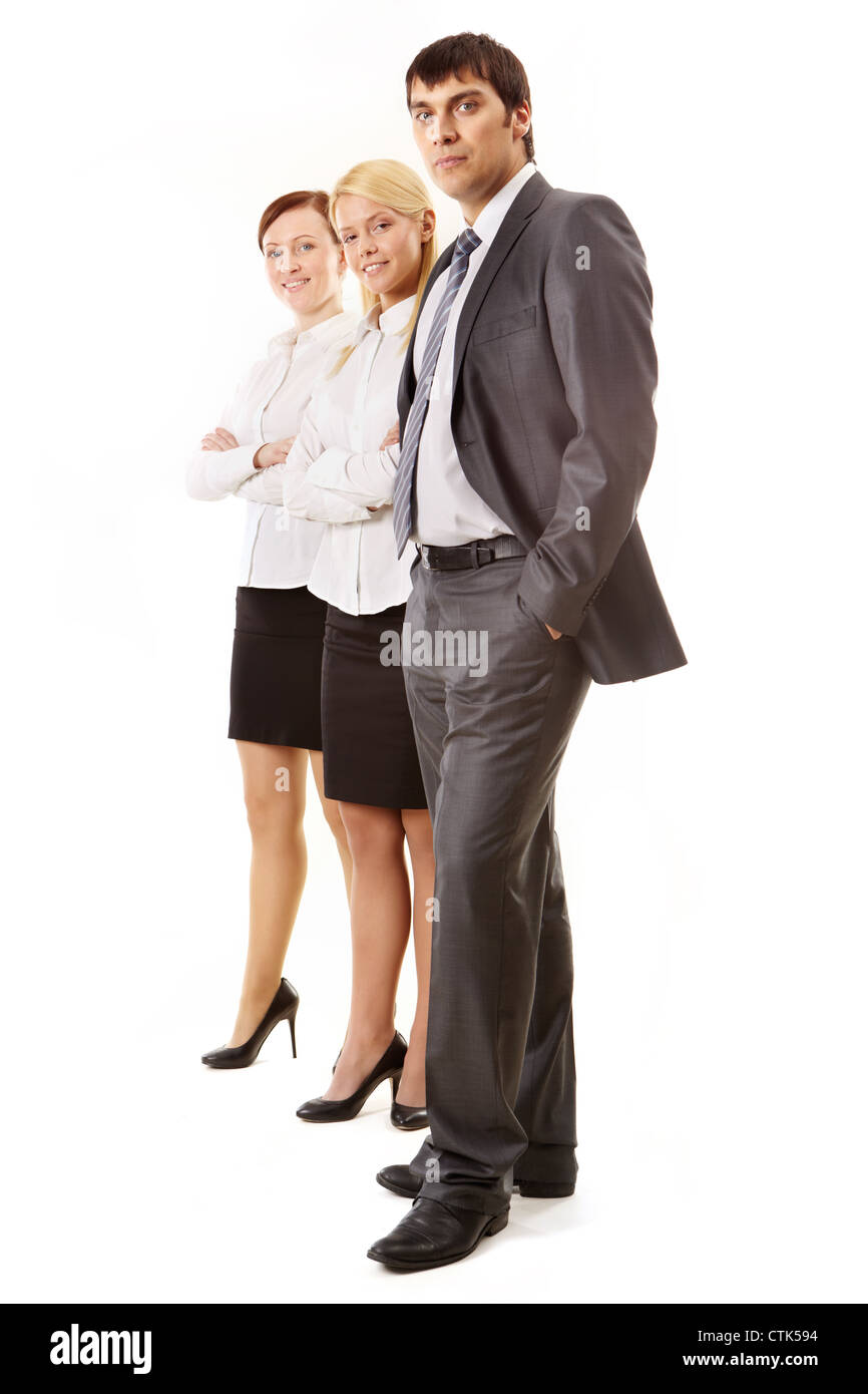 Ritratto verticale di un maschio di leader e i suoi adorabili e collaboratori Foto Stock