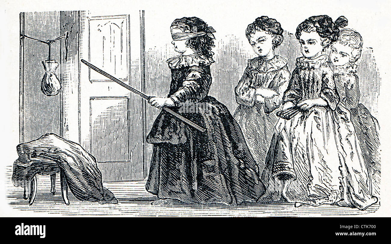 Giochi per bambini al chiuso: Bendato che colpisce con un bastone una borsa piena di bonbon, illustrazione vintage Foto Stock