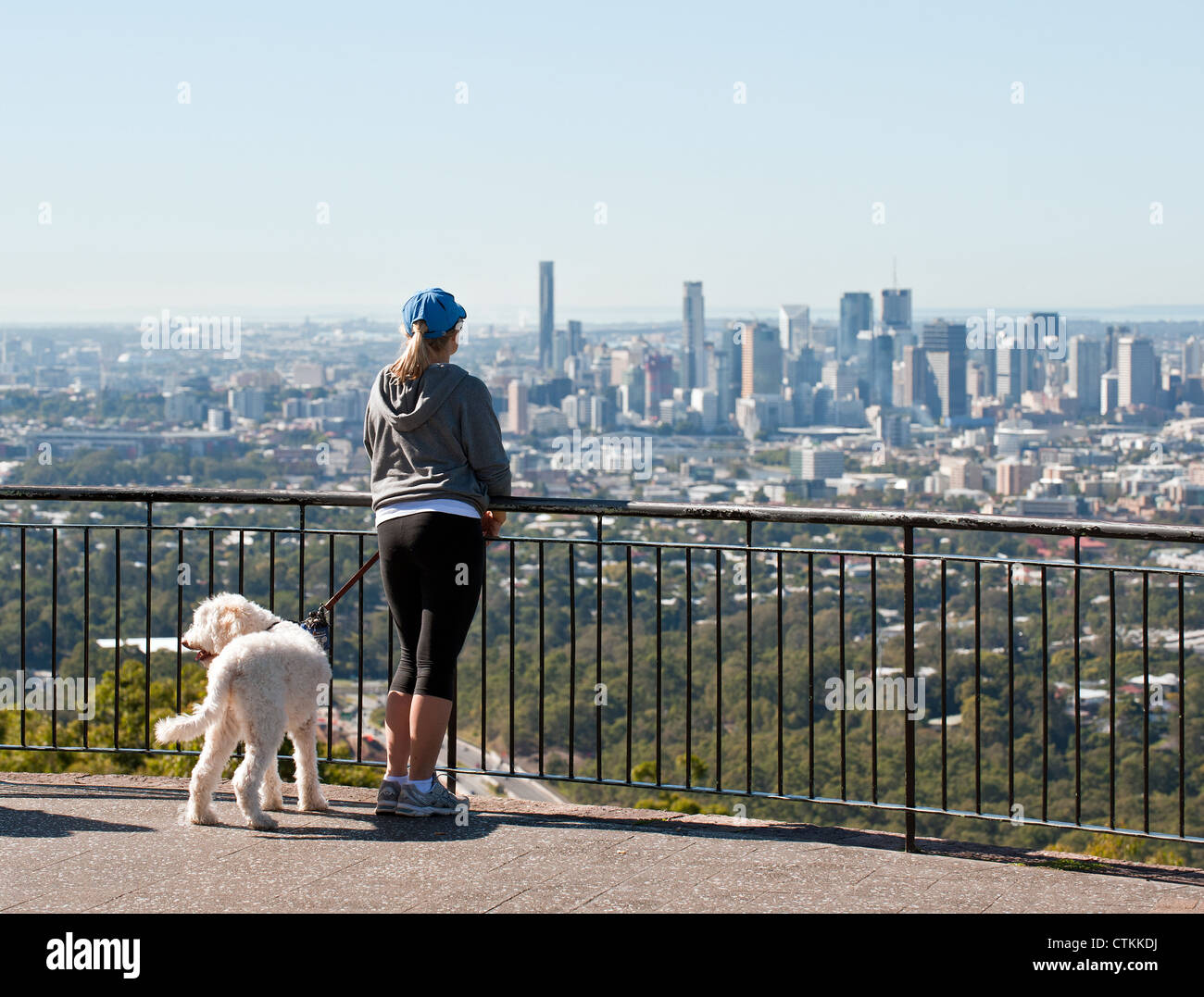 Una ragazza e un cane sulla cima di Mt Coot-Tha Foto Stock