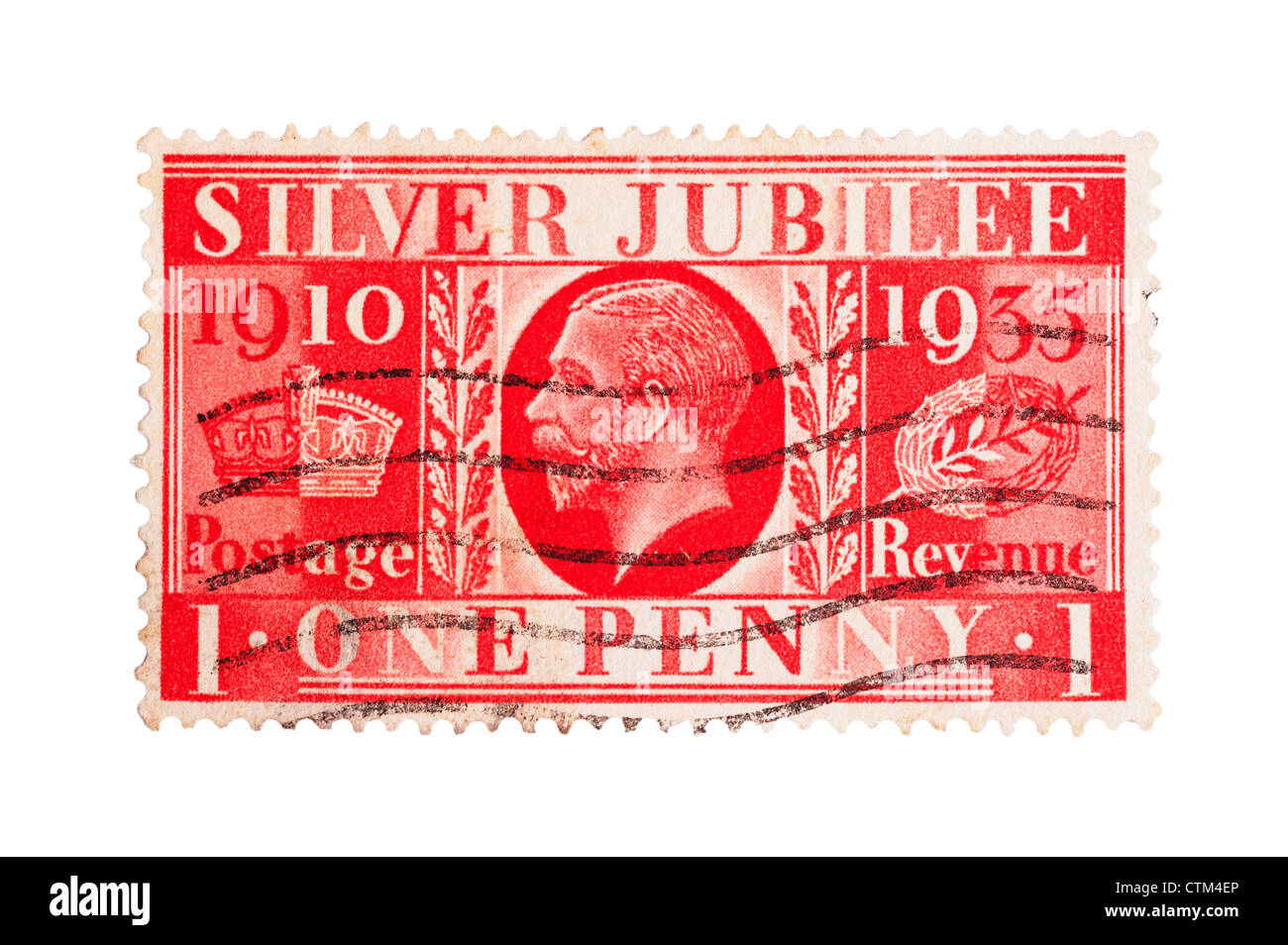 Un King George V Silver Jubilee un penny rosso 1D francobollo su sfondo bianco Foto Stock