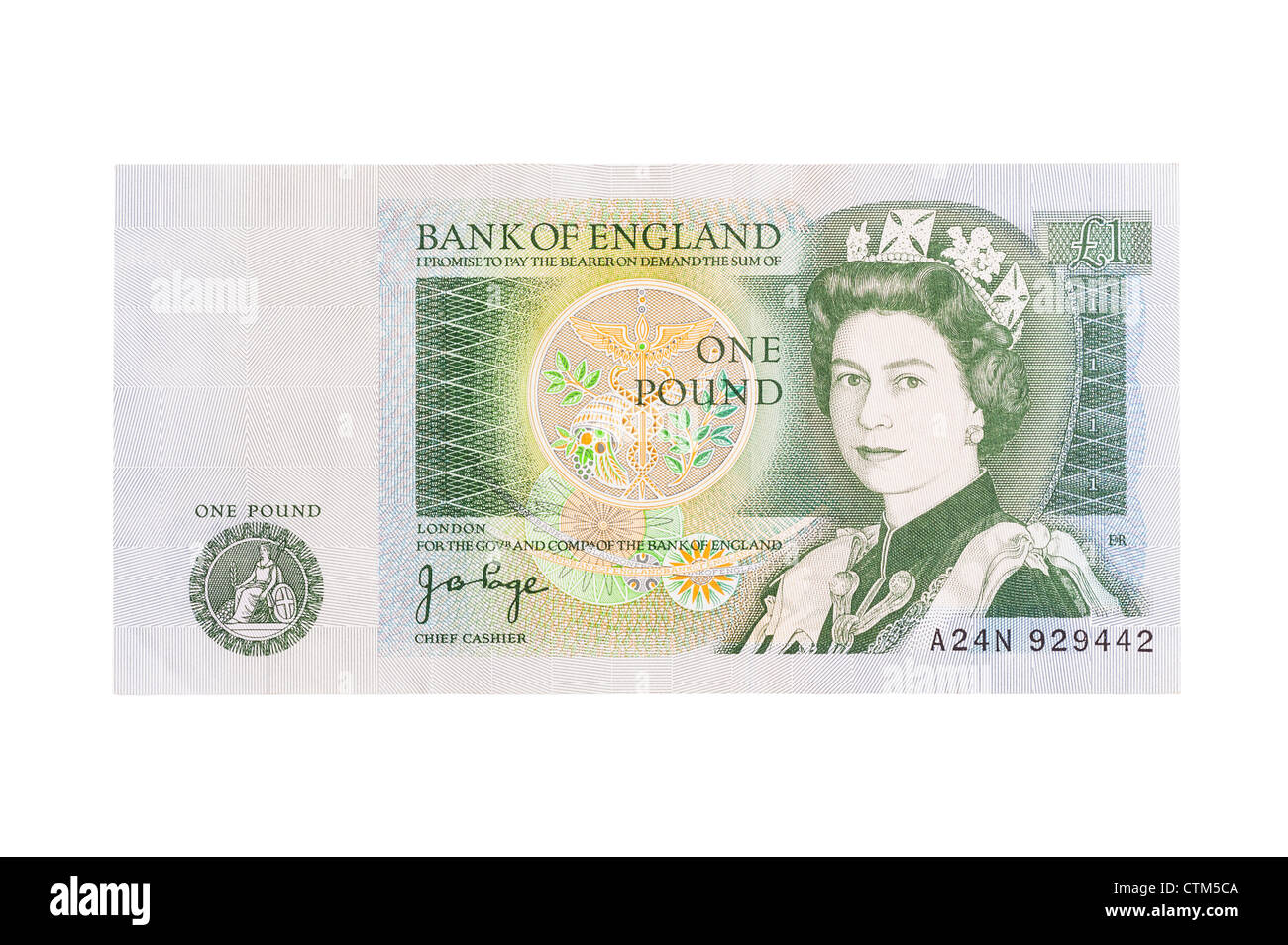 Un pound £ 1 banca nota della valuta inglese su sfondo bianco Foto Stock