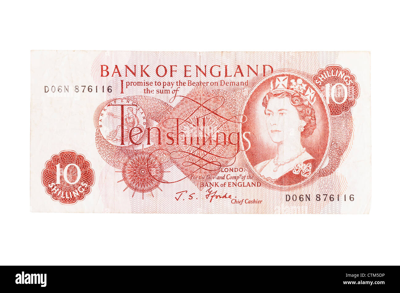 Una decina di danaro 10s pre banca decimale nota della valuta inglese su sfondo bianco Foto Stock