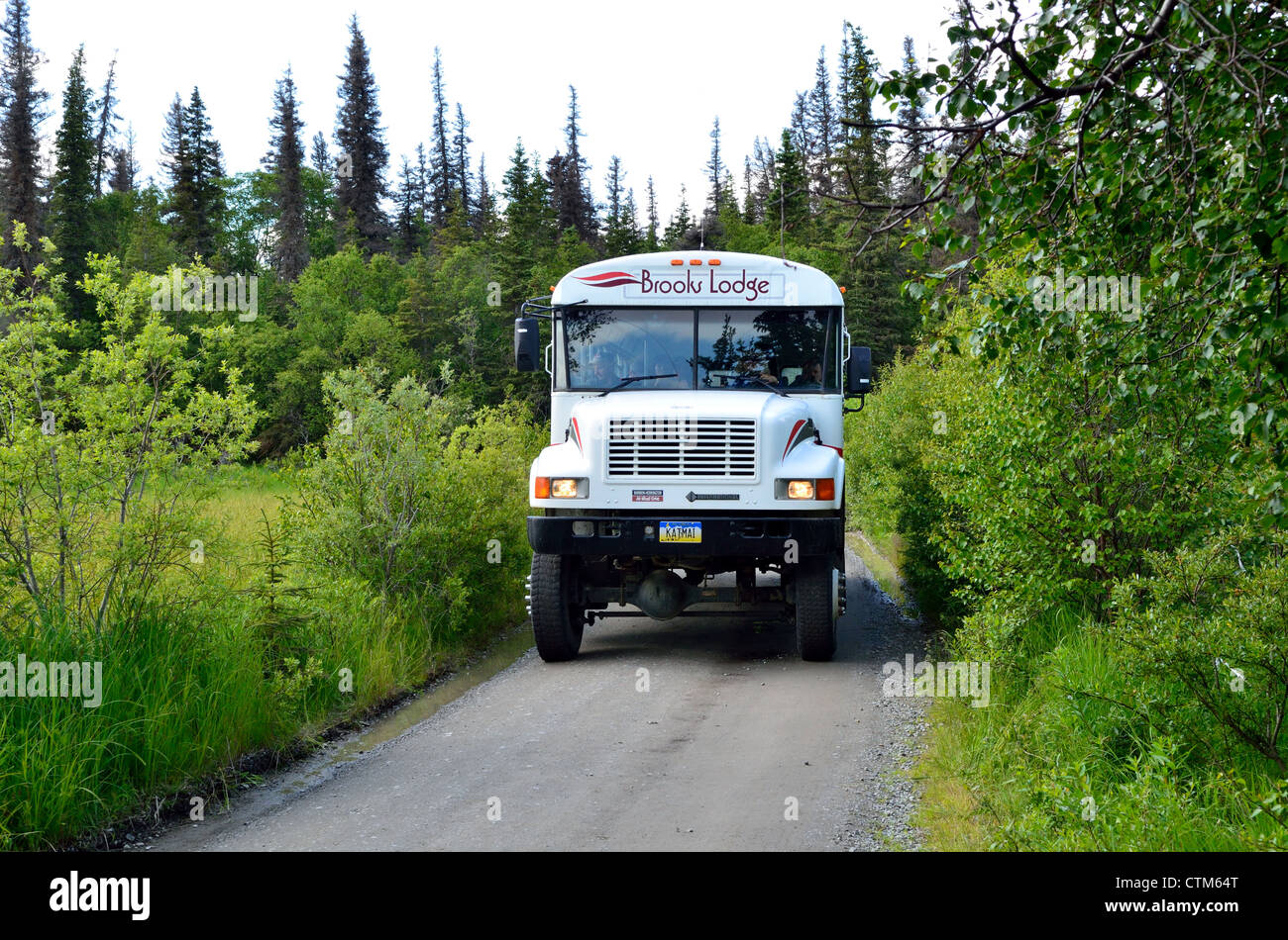 Brooks Lodge bus su una strada sterrata. Parco Nazionale e Riserva di Katmai. Alaska, Stati Uniti d'America. Foto Stock