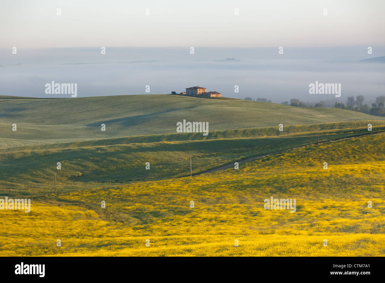 Nebbia di mattina vista sul agriturismo in Val d'Orcia in Toscana, Italia. Foto Stock