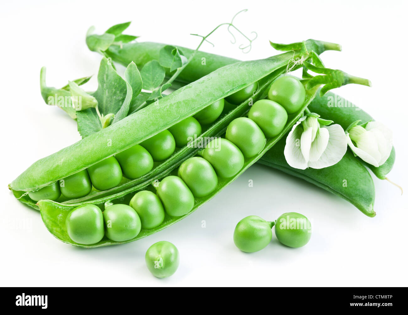 Baccelli di piselli verdi con foglie su sfondo bianco. Foto Stock