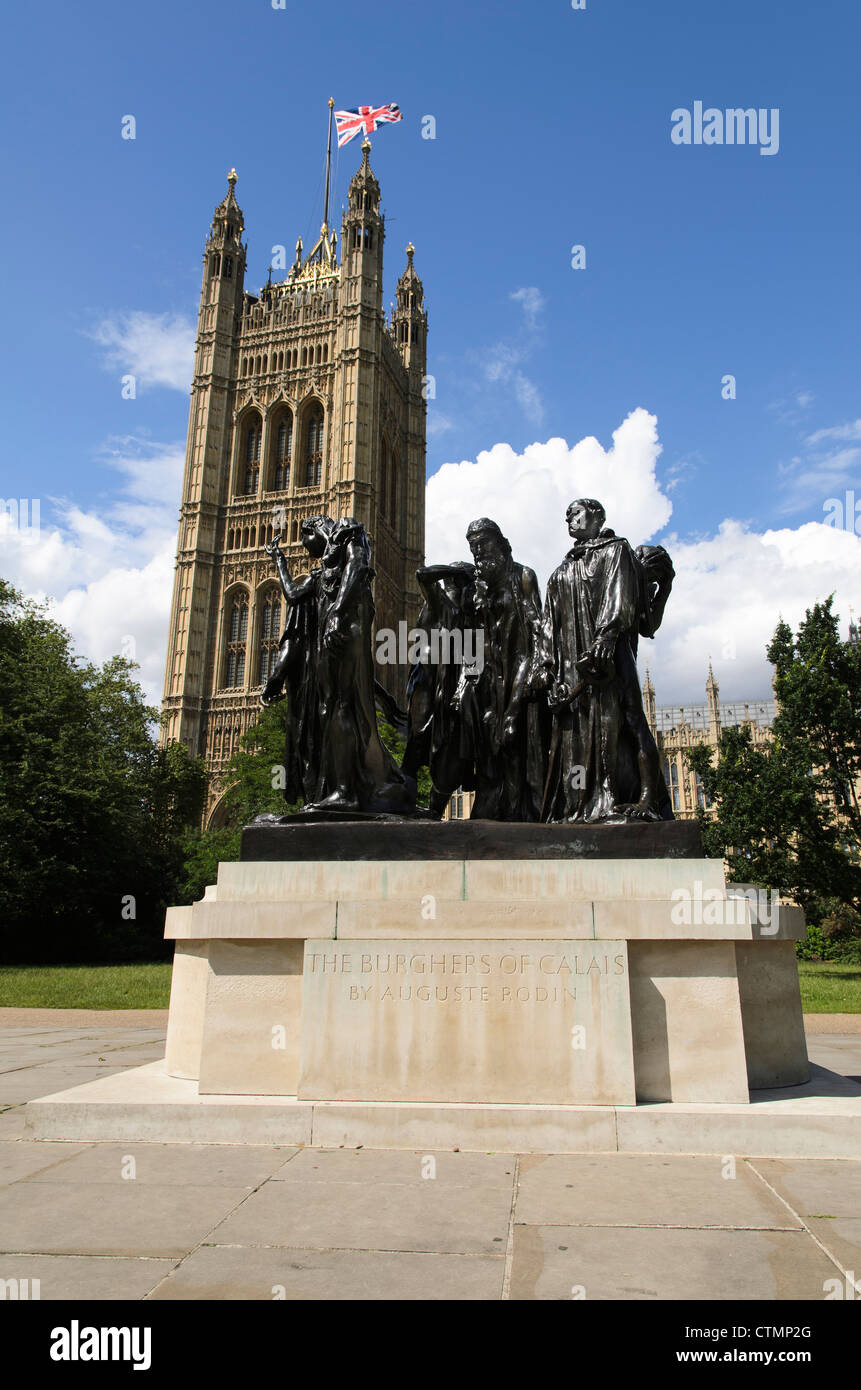 I Borghesi di Calais statua di Auguste Rodin, Torre di Victoria Gardens, Palazzo di Westminster. Foto Stock