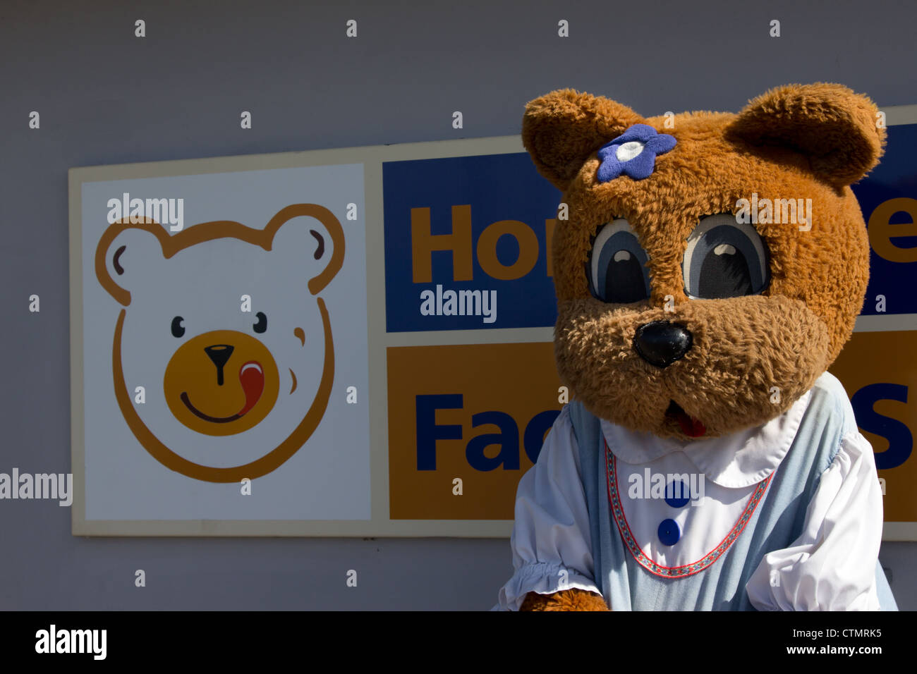 Miss Honey Bear mascot al di fuori dell'alogeno alimenti factory outlet a Tywyn, il Galles del nord Foto Stock