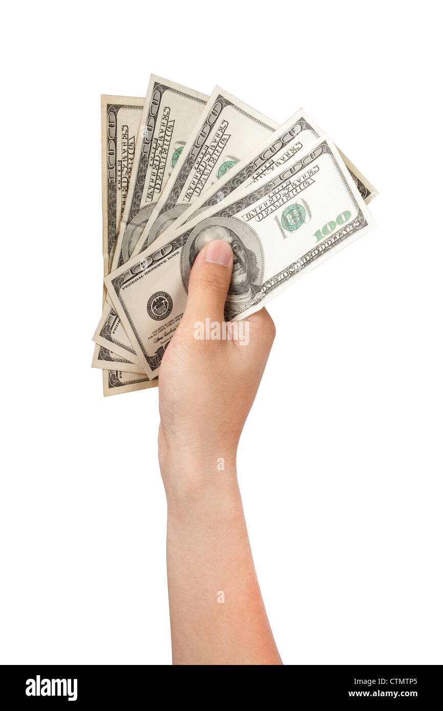 Mano umana con denaro isolare su bianco Foto Stock