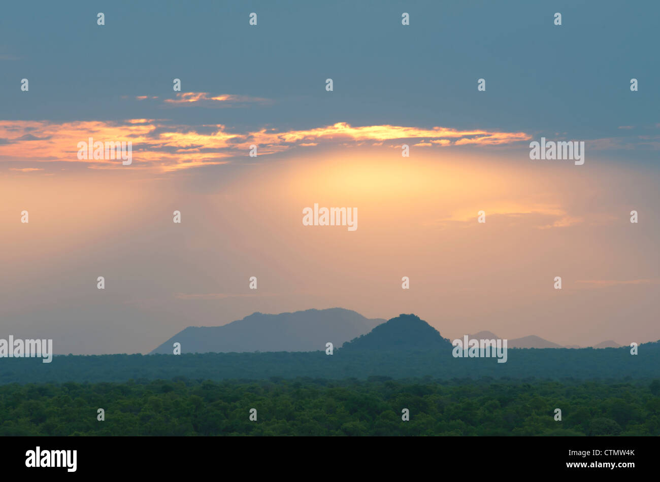 Boma Parco Nazionale di paesaggio al tramonto, Repubblica del Sud Sudan Foto Stock