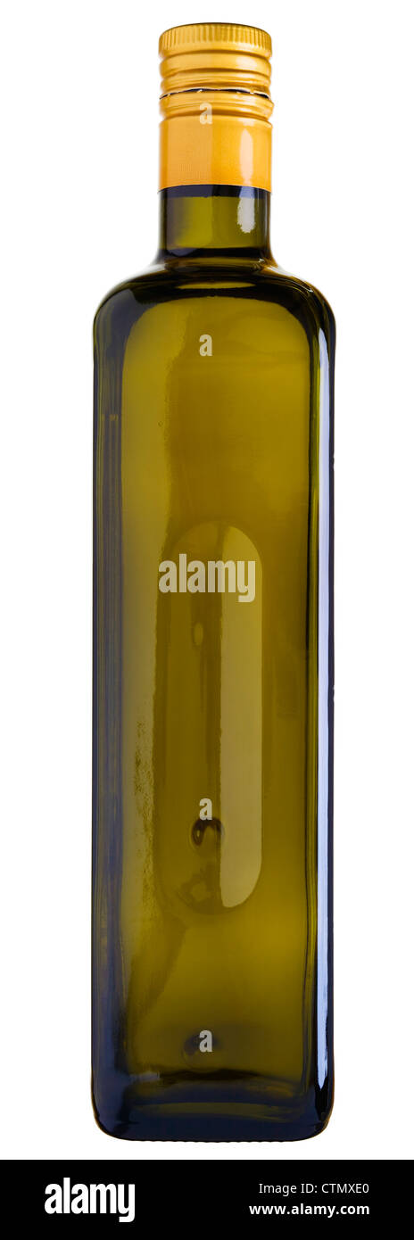 Close up di un olio di oliva Bottiglia isolato su bianco. Cucito - dimensioni originali, Adobe RGB Foto Stock