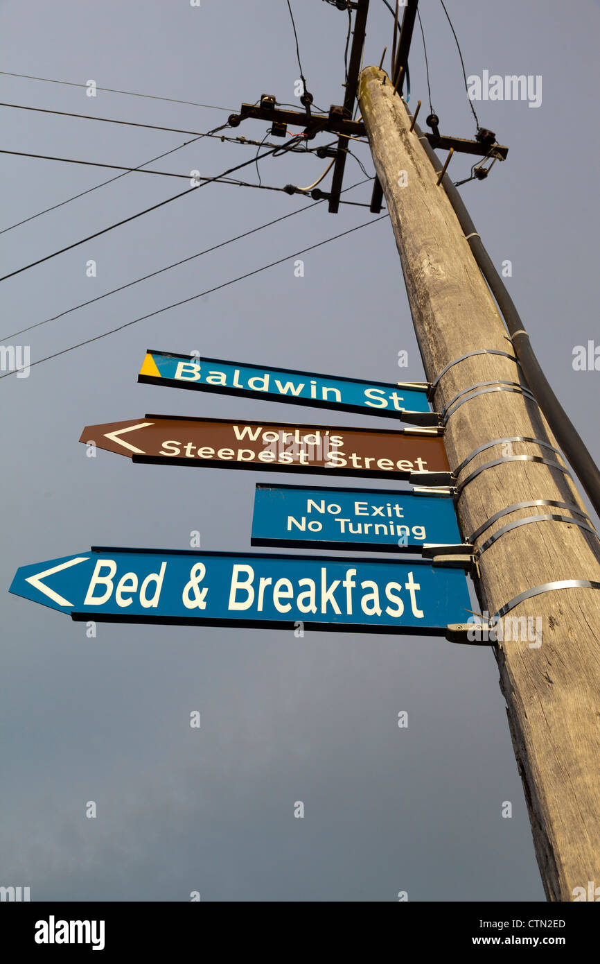 Segno in Baldwin Street, Dunedin, Nuova Zelanda- la più ripida strada residenziale nel mondo Foto Stock
