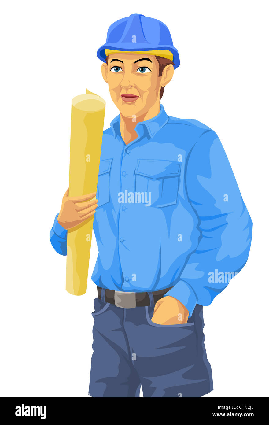 Operaio edile, in maglietta blu, pantaloni, elmetto, tenendo un piano, illustrazione vettoriale Foto Stock