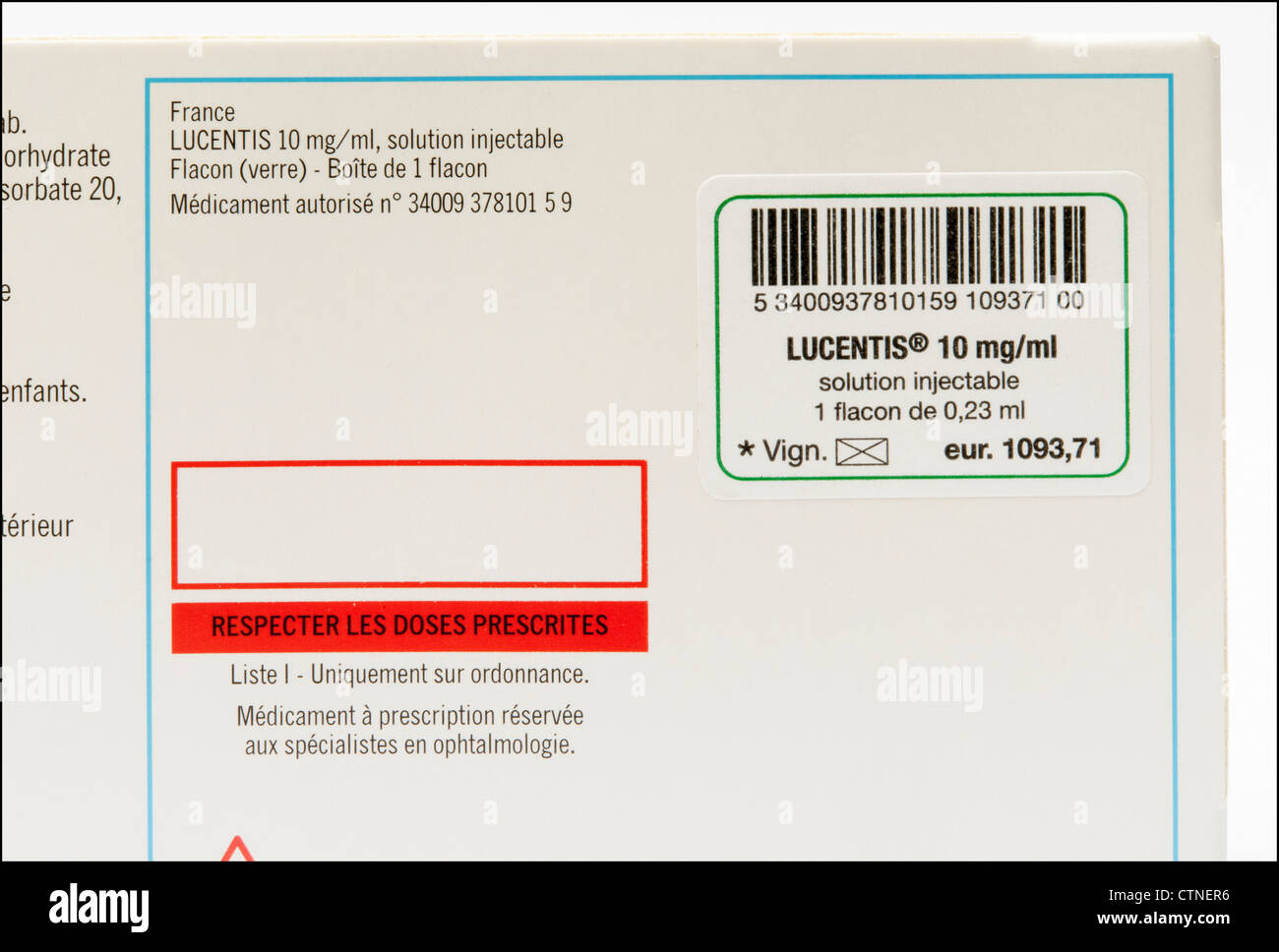 Scheda prezzo di Lucentis Ranibizumab utilizzato per occhio AMD degenerazione maculare senile il trattamento Foto Stock