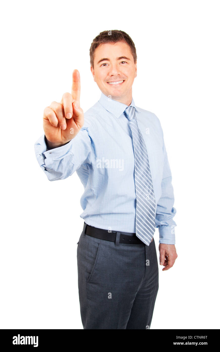 Happy business man con il numero uno mano gesto su sfondo isolato Foto Stock