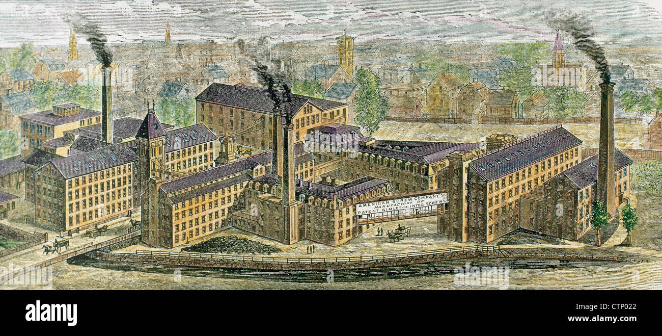 Vite americana dell'azienda. Manifattura di brevetto viti Gimlet-Pointet. Stati Uniti. Incisione, 1884. Foto Stock