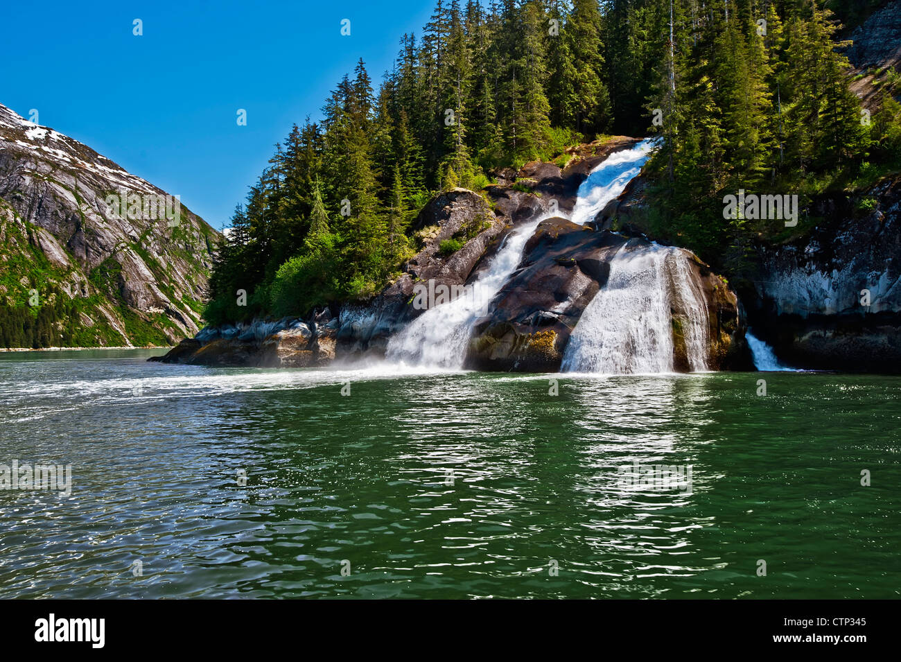 Le cascate ghiacciate cascata lungo la costa di Tracy braccio in Tracy Arm-Fords terrore deserto, a sud-est di Alaska, estate Foto Stock