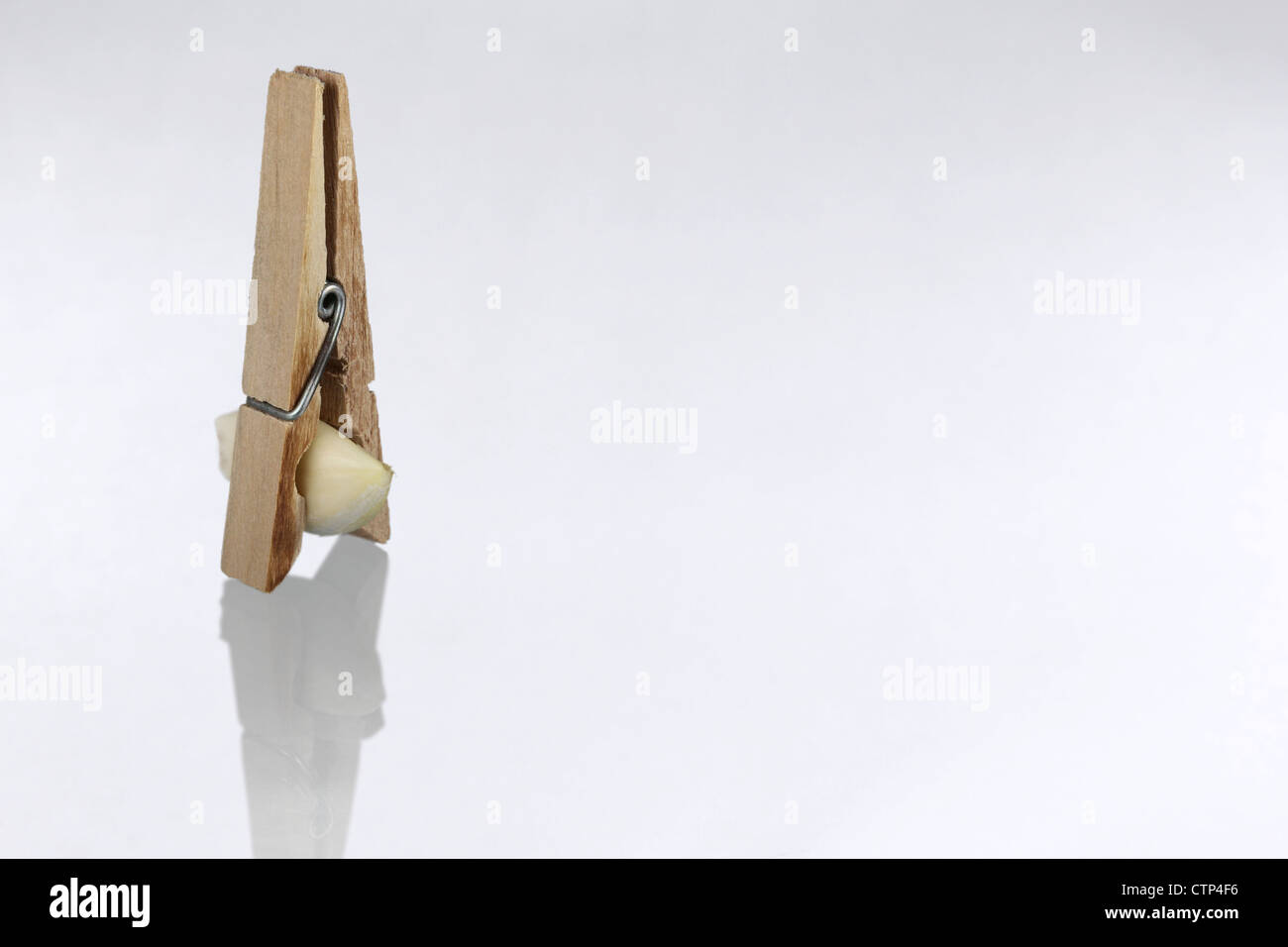 Uno spicchio di aglio è detenuto in un clothespin. L idea è quella di schiacciare il naso contro l'odore. Alta e il tasto copy-spazio Foto Stock