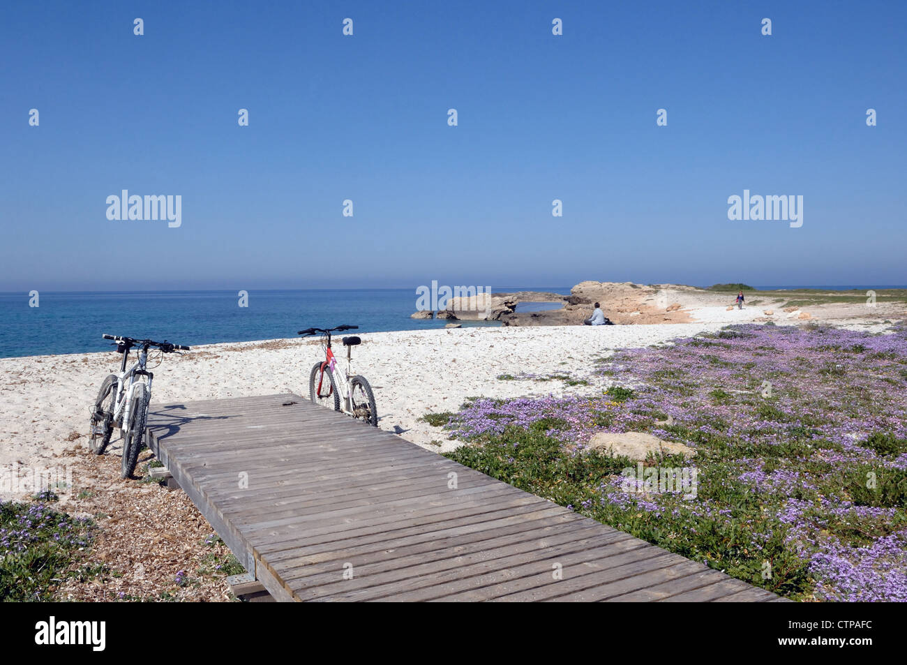 Due biciclette per la spiaggia di Is Aruttas,la famosa spiaggia di sabbia di quarzo Foto Stock