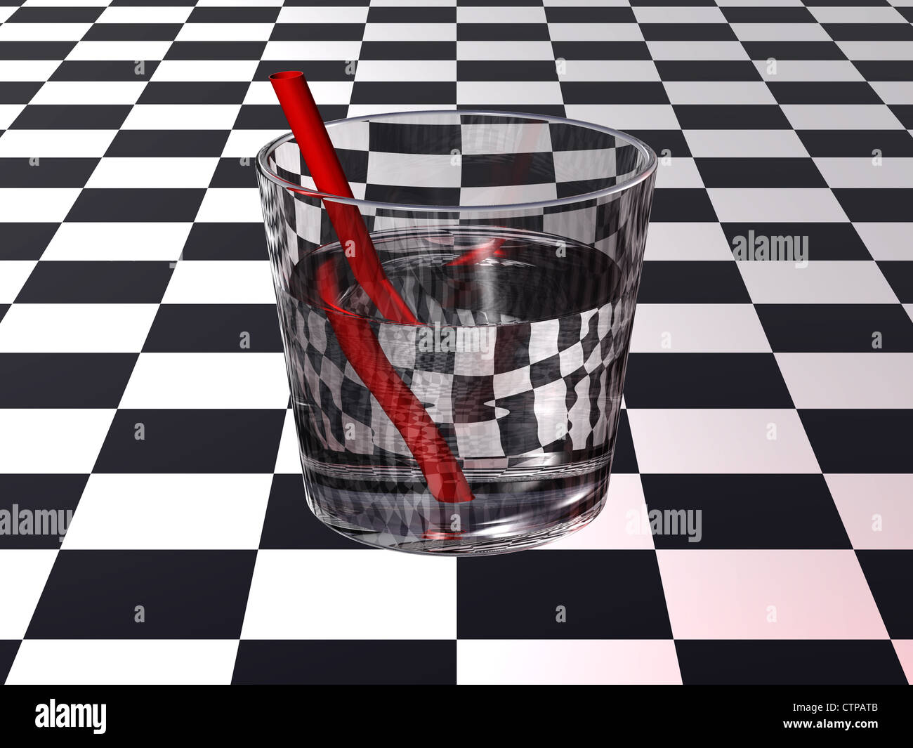 La rifrazione della luce attraverso un bicchiere di acqua Foto Stock