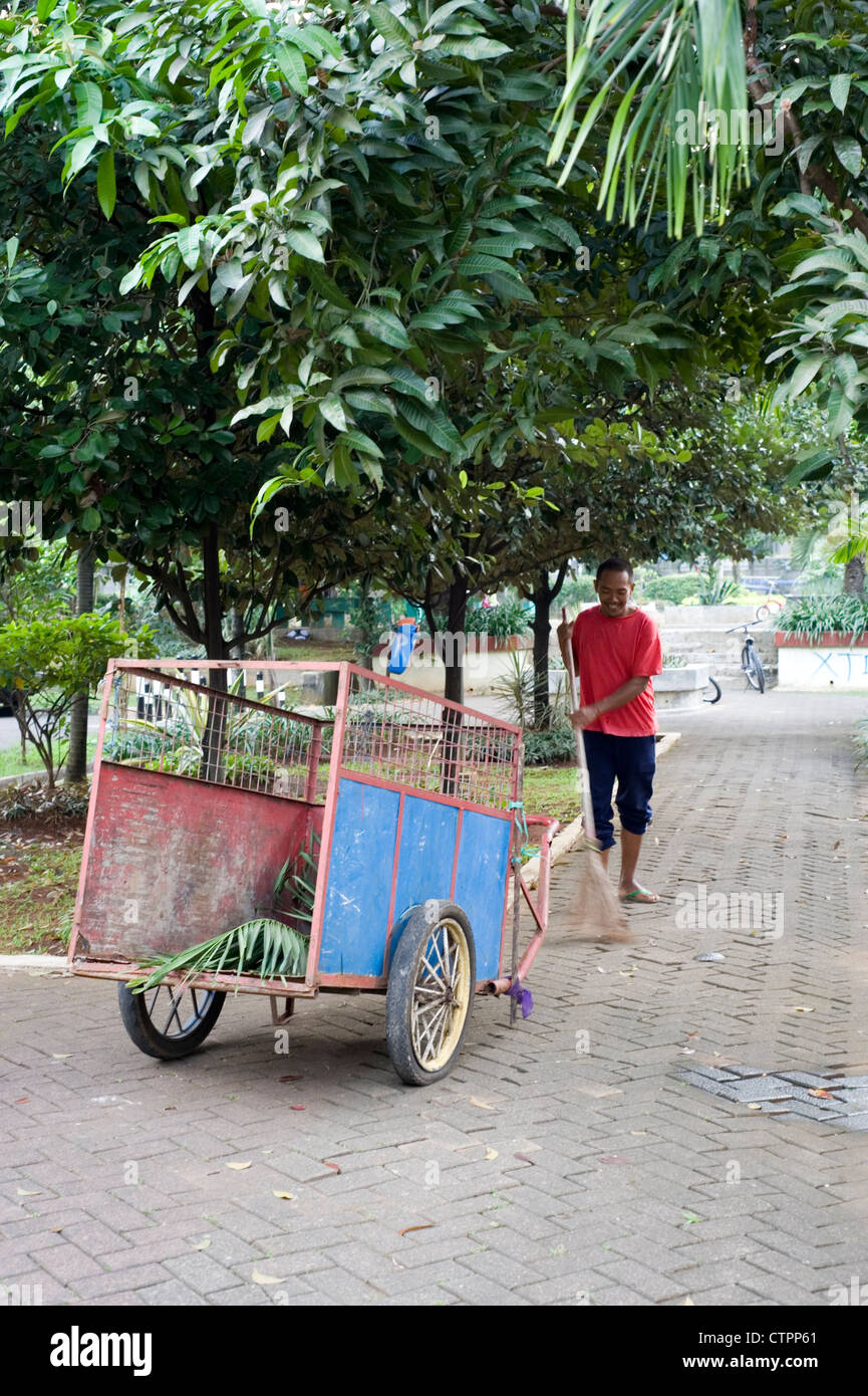 Giardiniere tagliare i rami degli alberi sulla scatola privato complesso indonesia jakarta Foto Stock