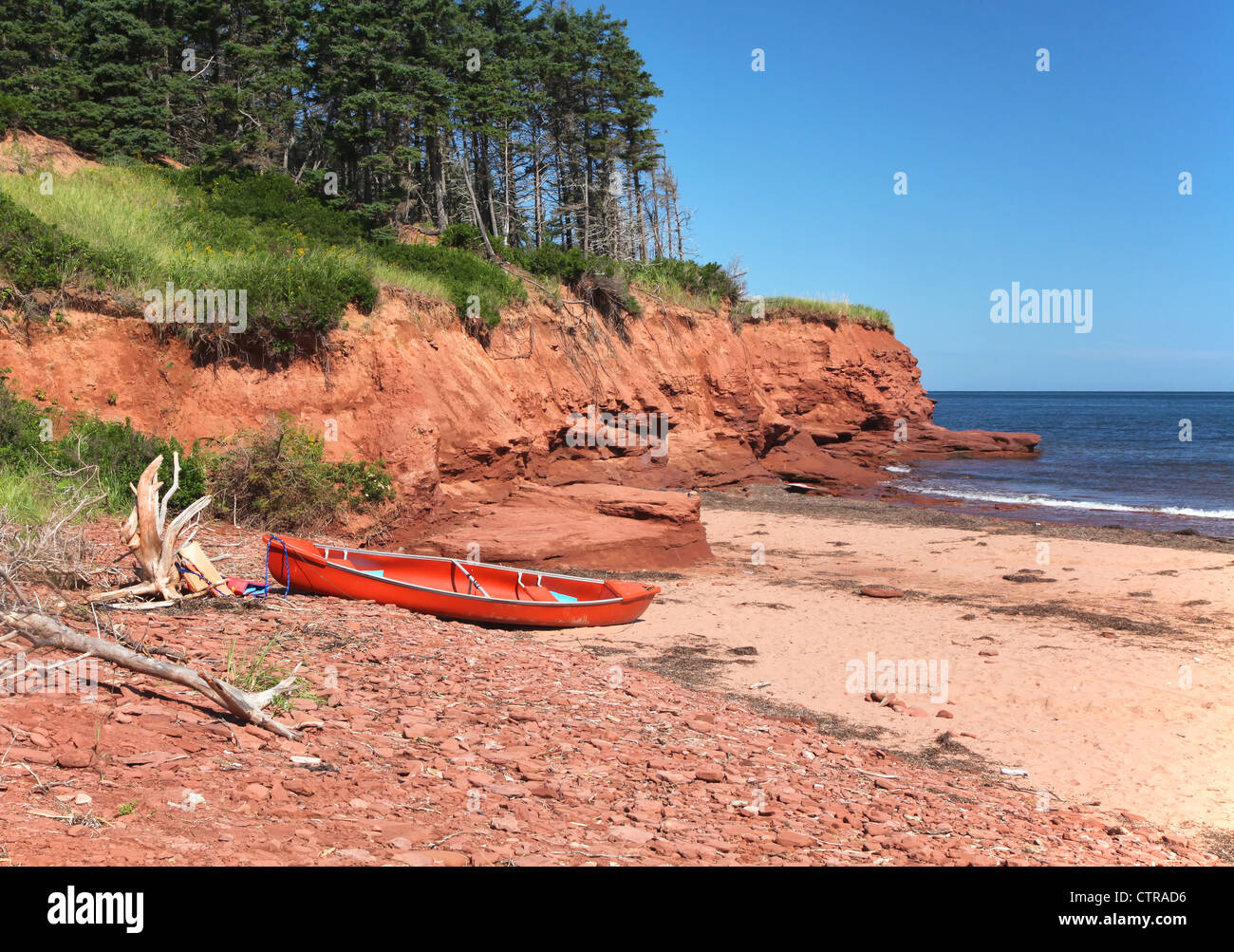 Una canoa e alcuni driftwood posa accanto a una scogliera di arenaria su Cabot Beach in Malpaque, Prince Edward Island, Canada. Foto Stock