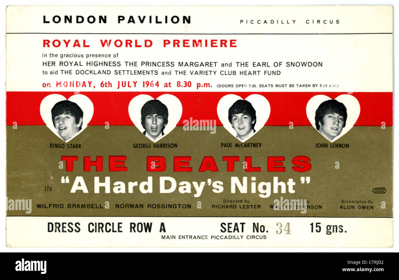 000975 - i Beatles una dura giornata di notte Royal Premiere Mondiale Ticket dal padiglione di Londra il 6 Luglio 1964 Foto Stock