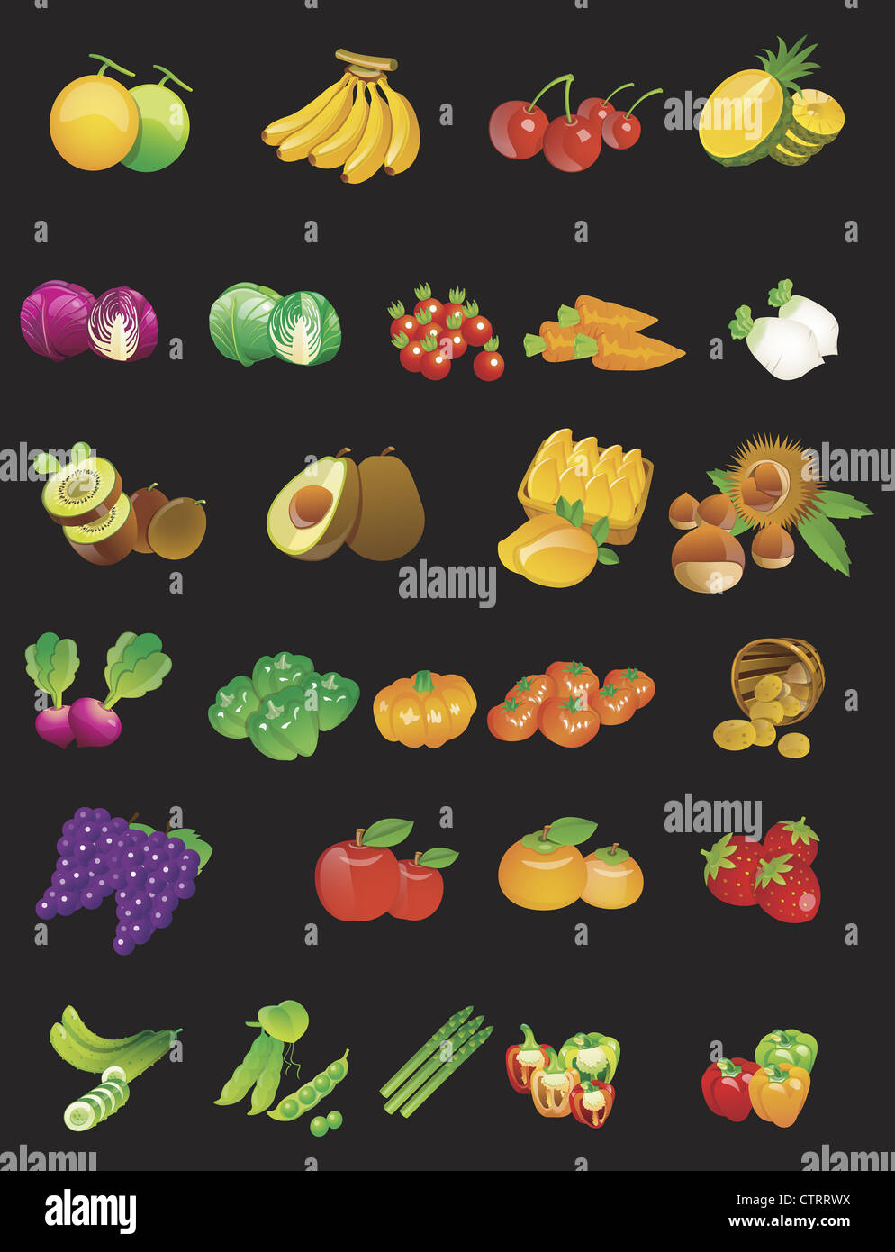 Varietà di frutta e set di varietà vegetali Foto Stock
