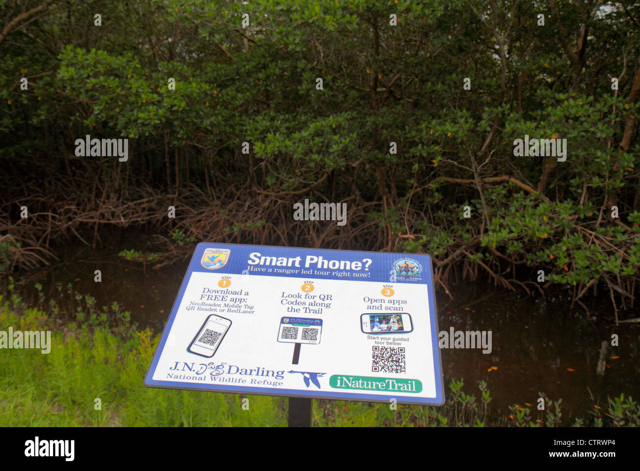 Sanibel Island Florida, J.N. Ding Darling National Wildlife Refuge, Wildlife Drive, segno, logo, utilizzando, telefoni cellulari smart, controllare cercando readi Foto Stock