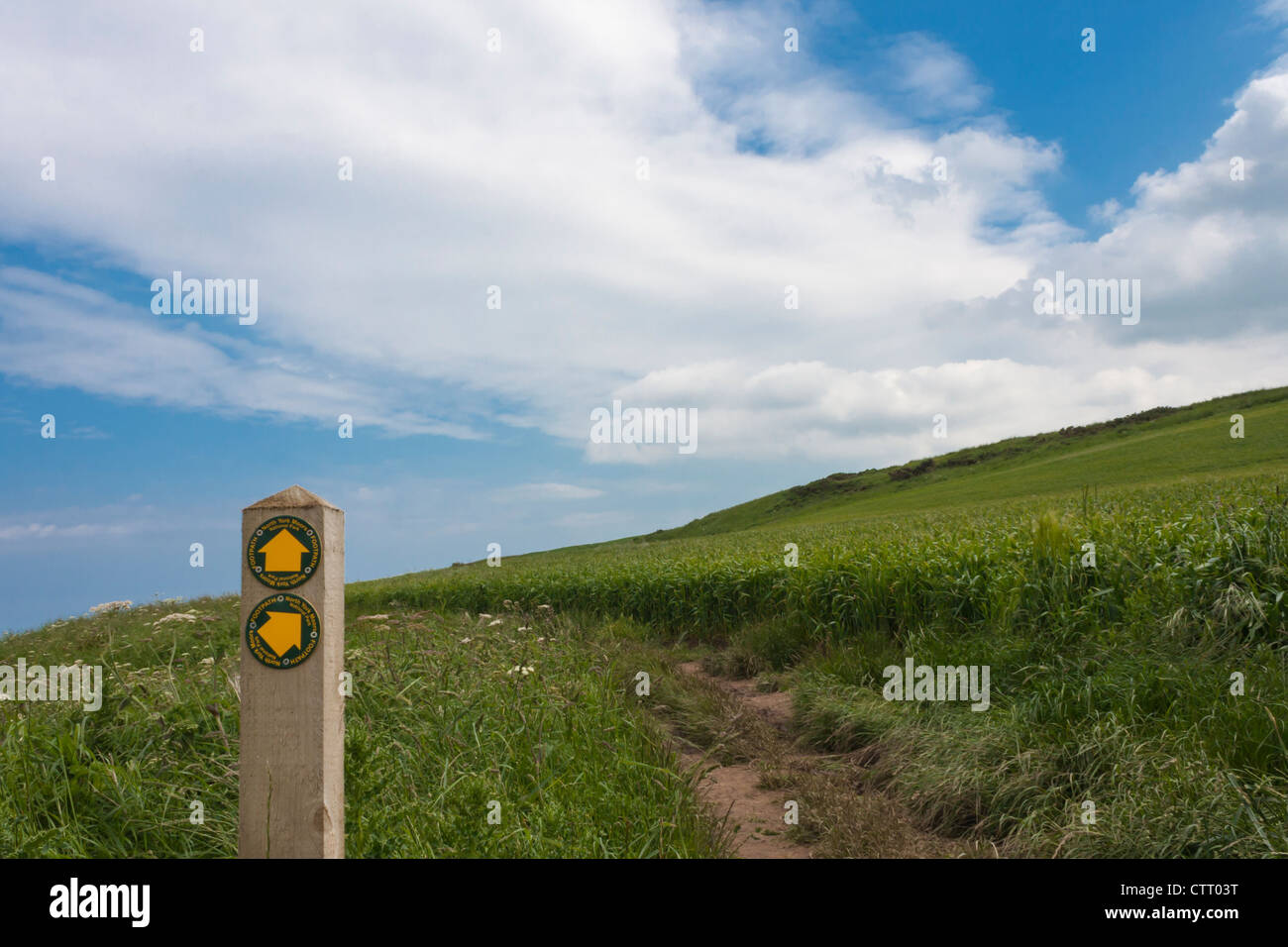 Il North York Moors National Park con il segno sulla strada per il porto Mulgrave da Staithes. Foto Stock